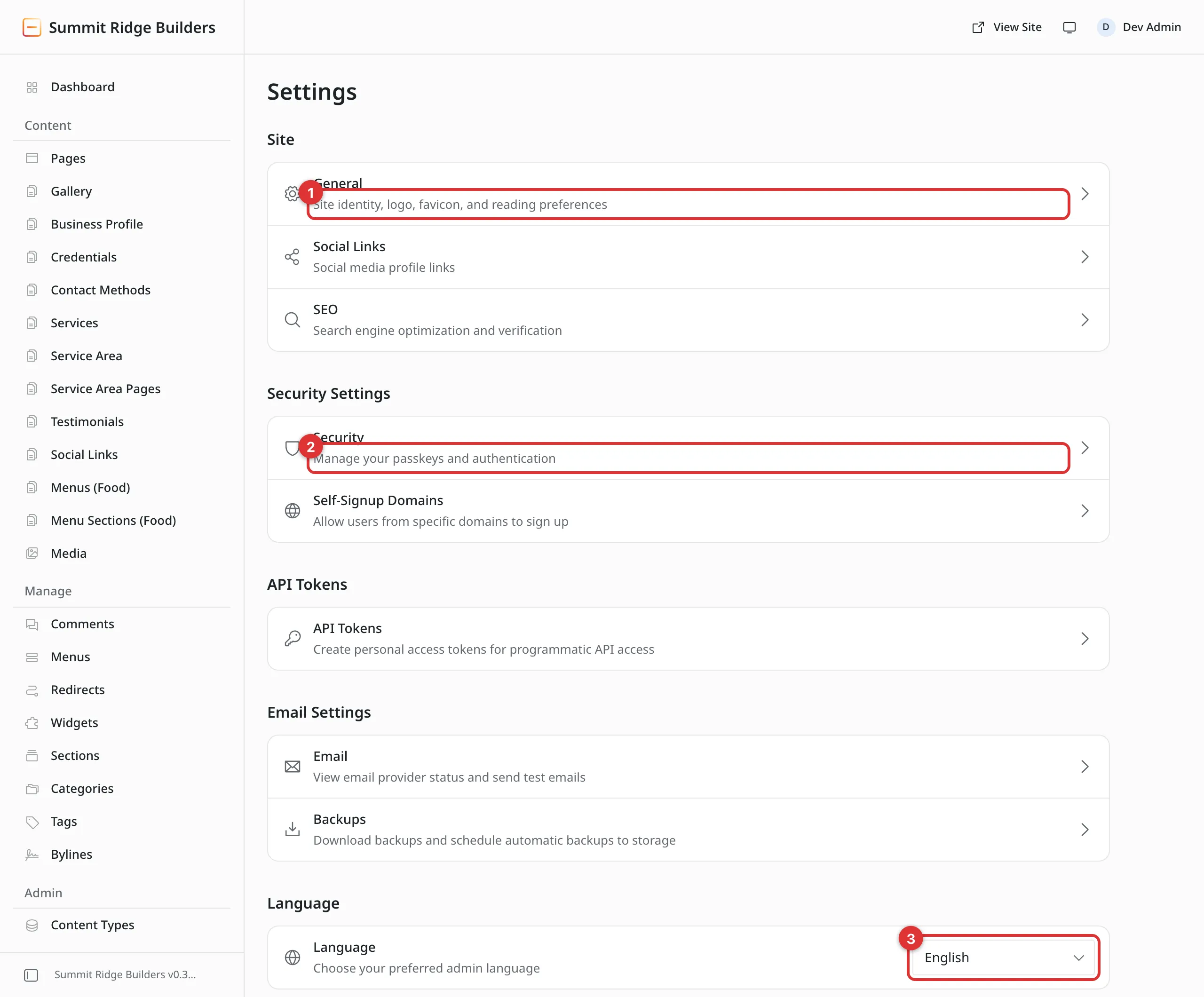 The Settings screen, a stack of rows grouped under Site, Security Settings, API Tokens, Email Settings, Backups and Language. Three numbered marks: 1 on General, 2 on Security, 3 on the Language box at the bottom.