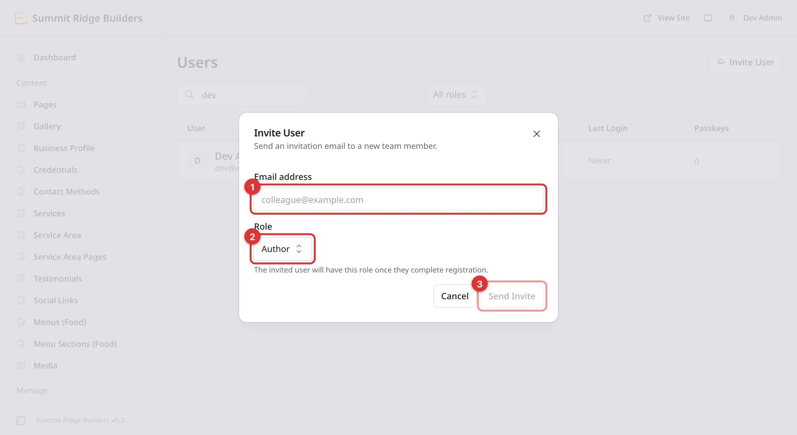 The Invite User box, with three numbered marks: 1 on the Email address field, 2 on the Role box reading Author, and 3 on the Send Invite button.