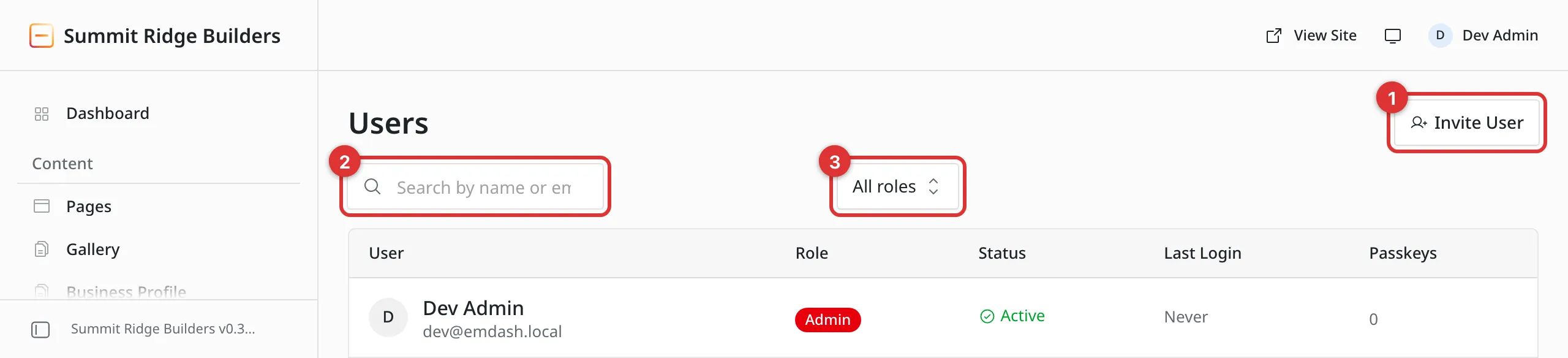 The Users screen with three numbered marks: 1 on the Invite User button, 2 on the search box, and 3 on the All roles filter. Below them a table with columns for User, Role, Status, Last Login and Passkeys.
