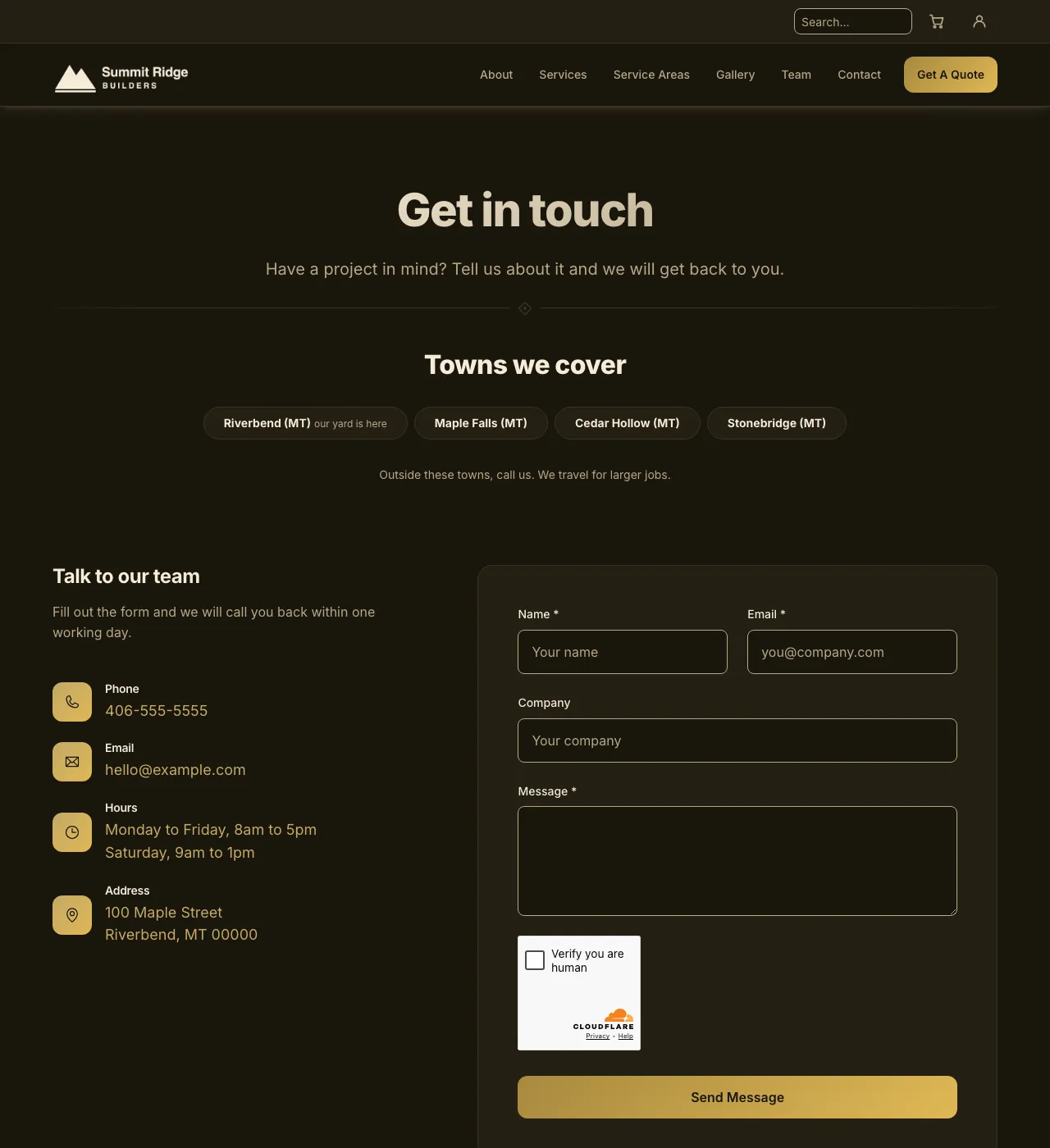 The sample Contact page in the Amber Harvest palette, dark mode: the header, the Get in touch heading, the town buttons, and the form.