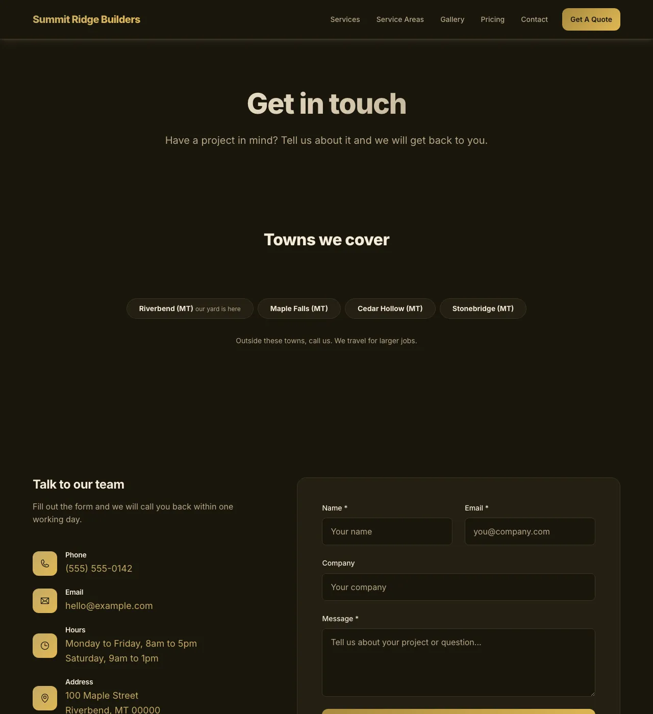 The sample Contact page in the Amber Harvest palette, dark mode: the header, the Get in touch heading, the town buttons, and the form.