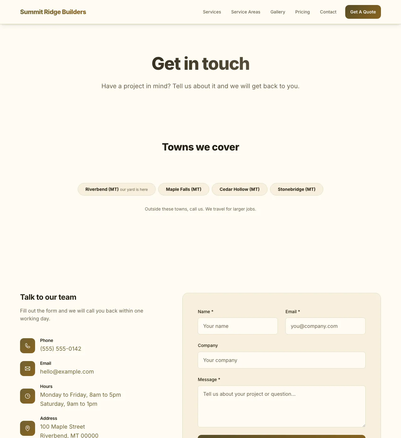 The sample Contact page in the Amber Harvest palette, light mode: the header, the Get in touch heading, the town buttons, and the form.