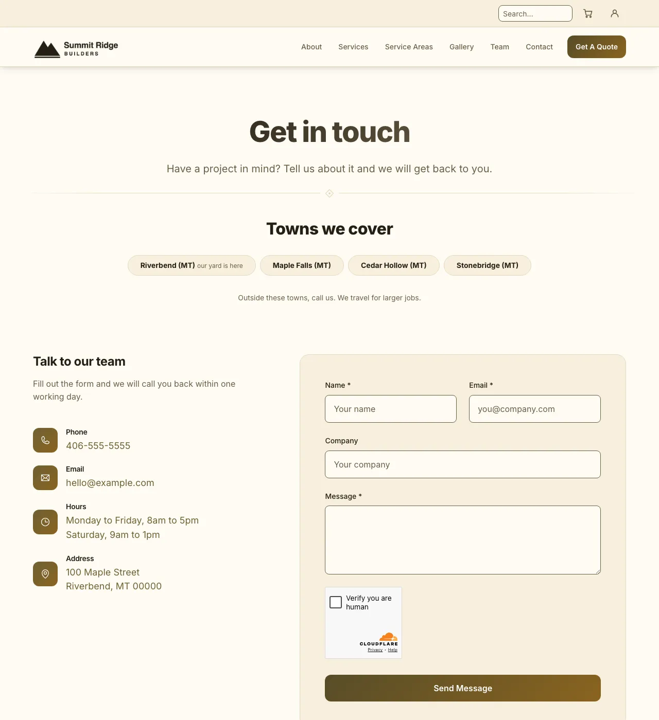 The sample Contact page in the Amber Harvest palette, light mode: the header, the Get in touch heading, the town buttons, and the form.
