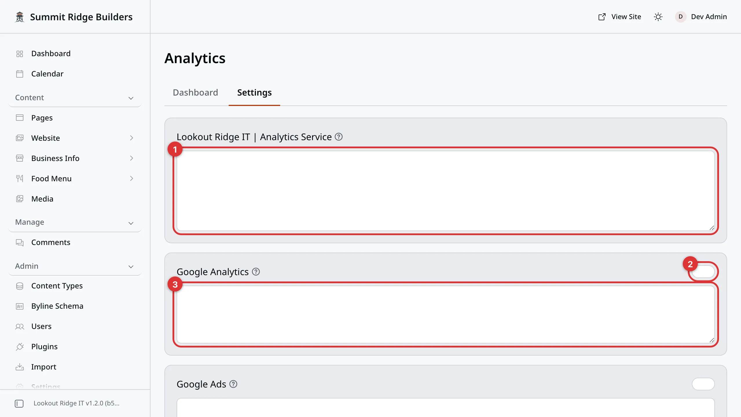 The top of the Settings tab of Analytics. Three numbered marks: 1 on the code box for Lookout Ridge IT Analytics Service, 2 on the switch beside Google Analytics, 3 on the Google Analytics code box.