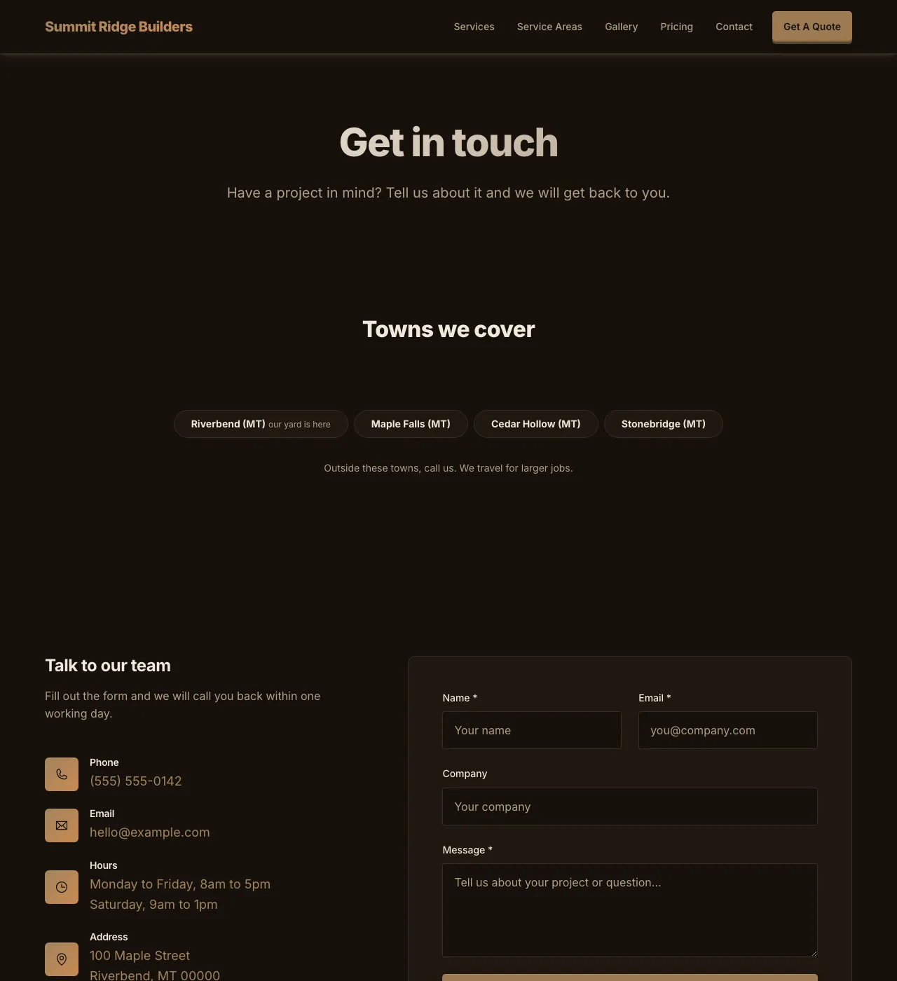 The sample Contact page in the Autumn Sage palette, dark mode: the header, the Get in touch heading, the town buttons, and the form.