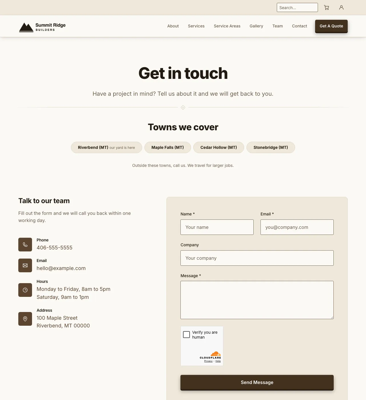 The sample Contact page in the Autumn Sage palette, light mode: the header, the Get in touch heading, the town buttons, and the form.