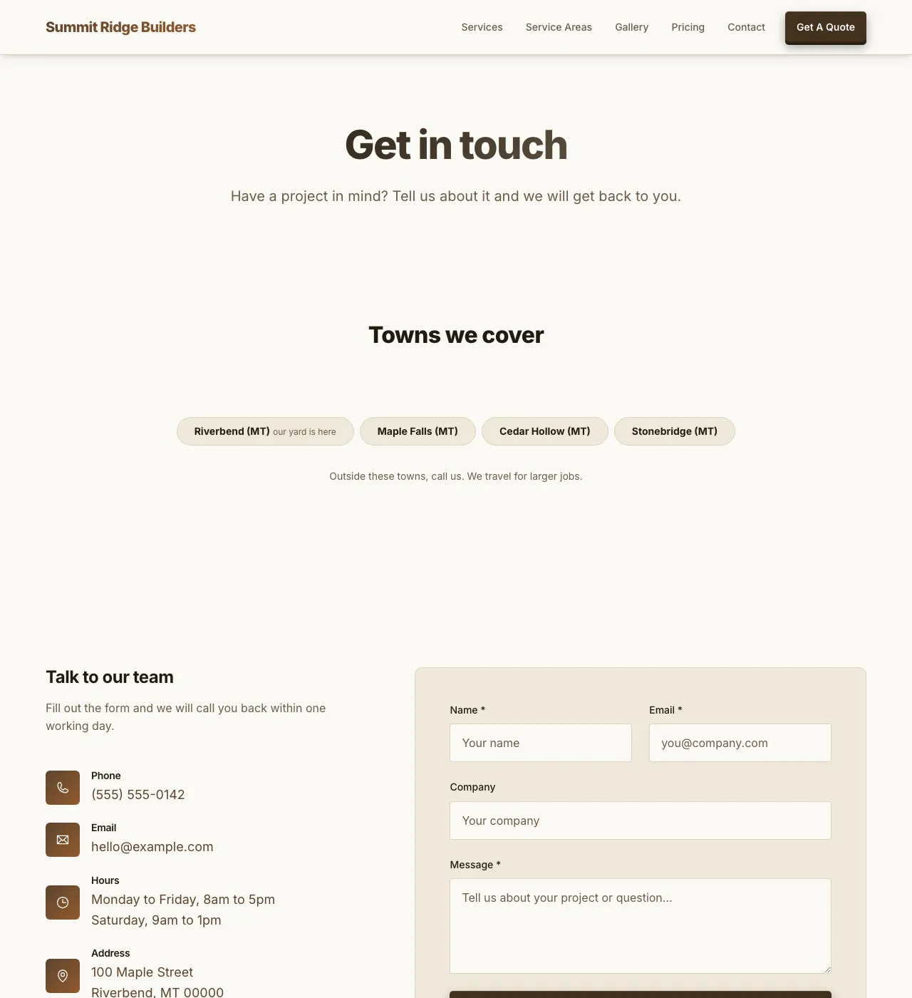 The sample Contact page in the Autumn Sage palette, light mode: the header, the Get in touch heading, the town buttons, and the form.
