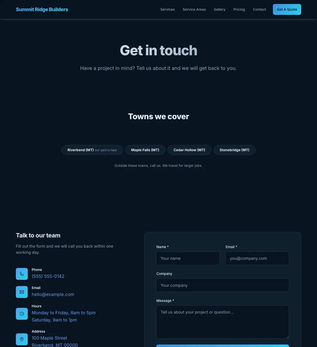 The sample Contact page in the Blue palette, dark mode: the header, the Get in touch heading, the town buttons, and the form.