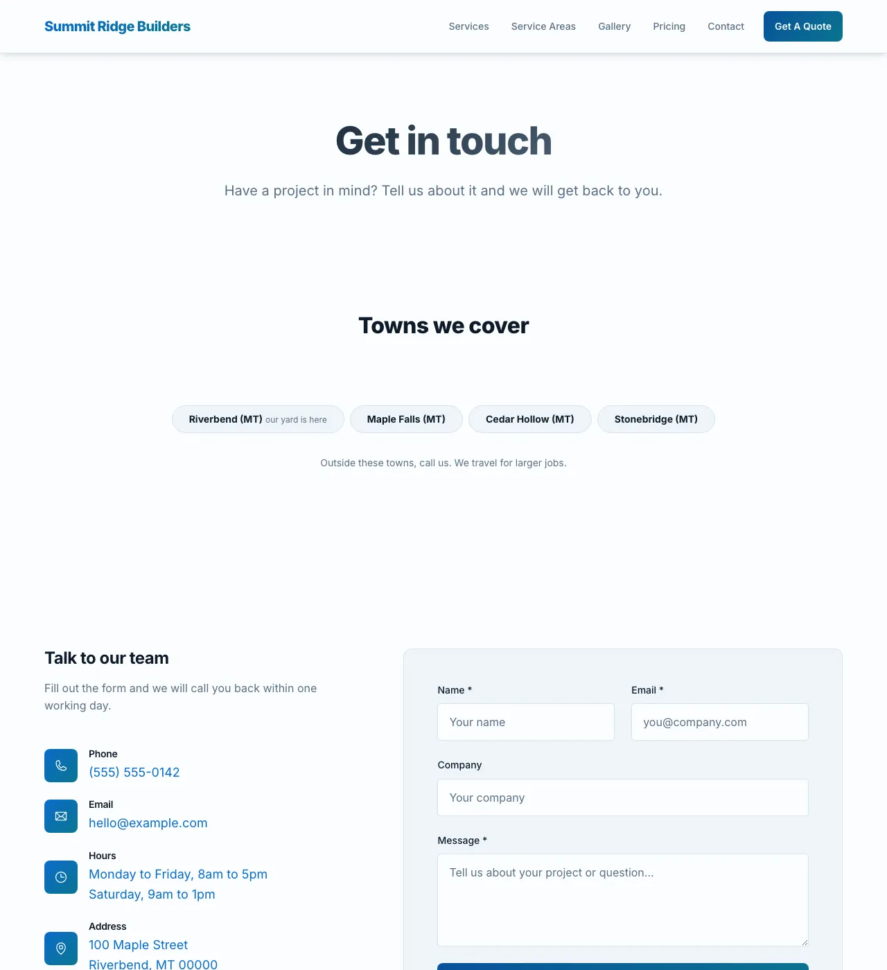 The sample Contact page in the Blue palette, light mode: the header, the Get in touch heading, the town buttons, and the form.