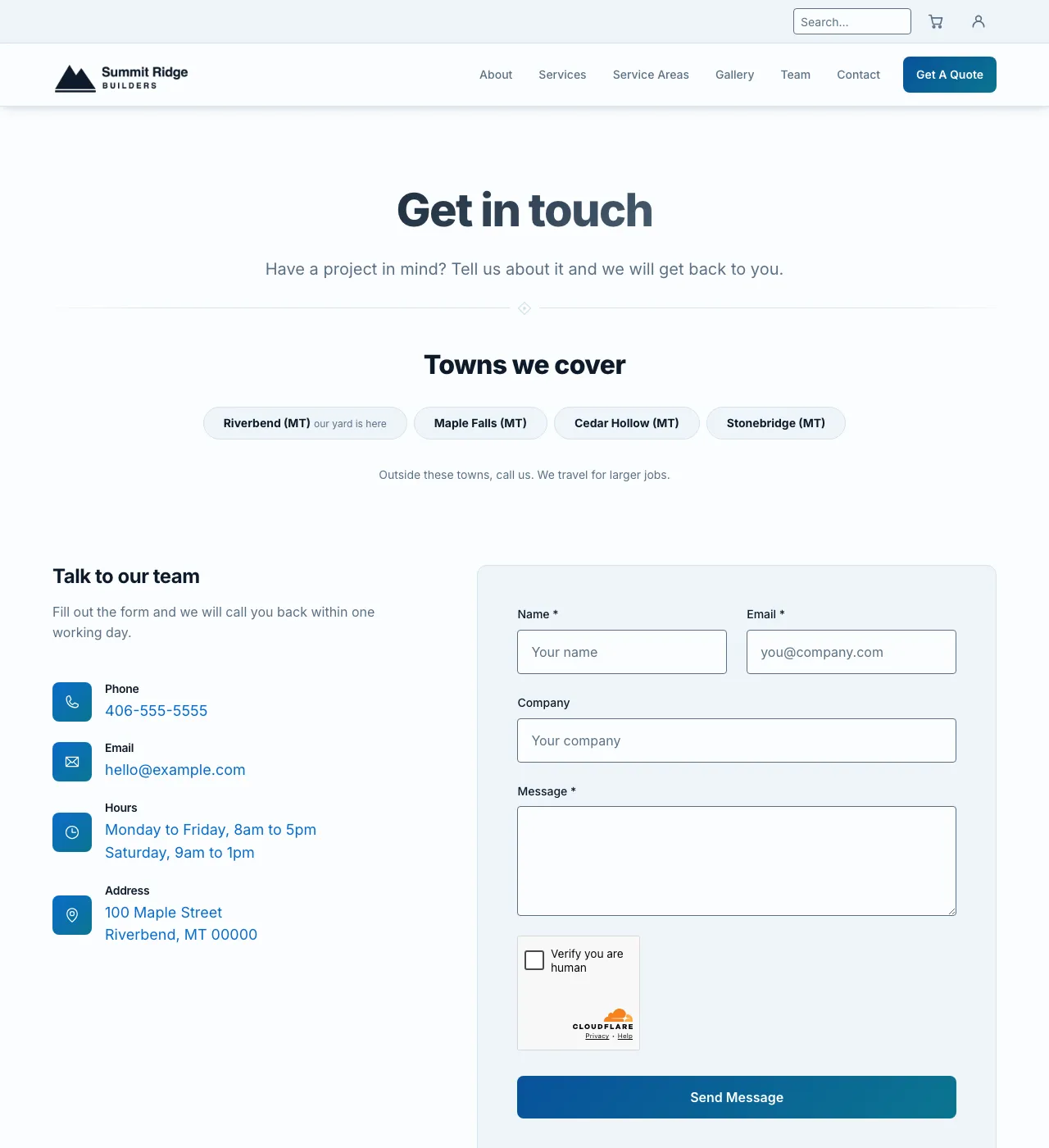The sample Contact page in the Blue palette, light mode: the header, the Get in touch heading, the town buttons, and the form.