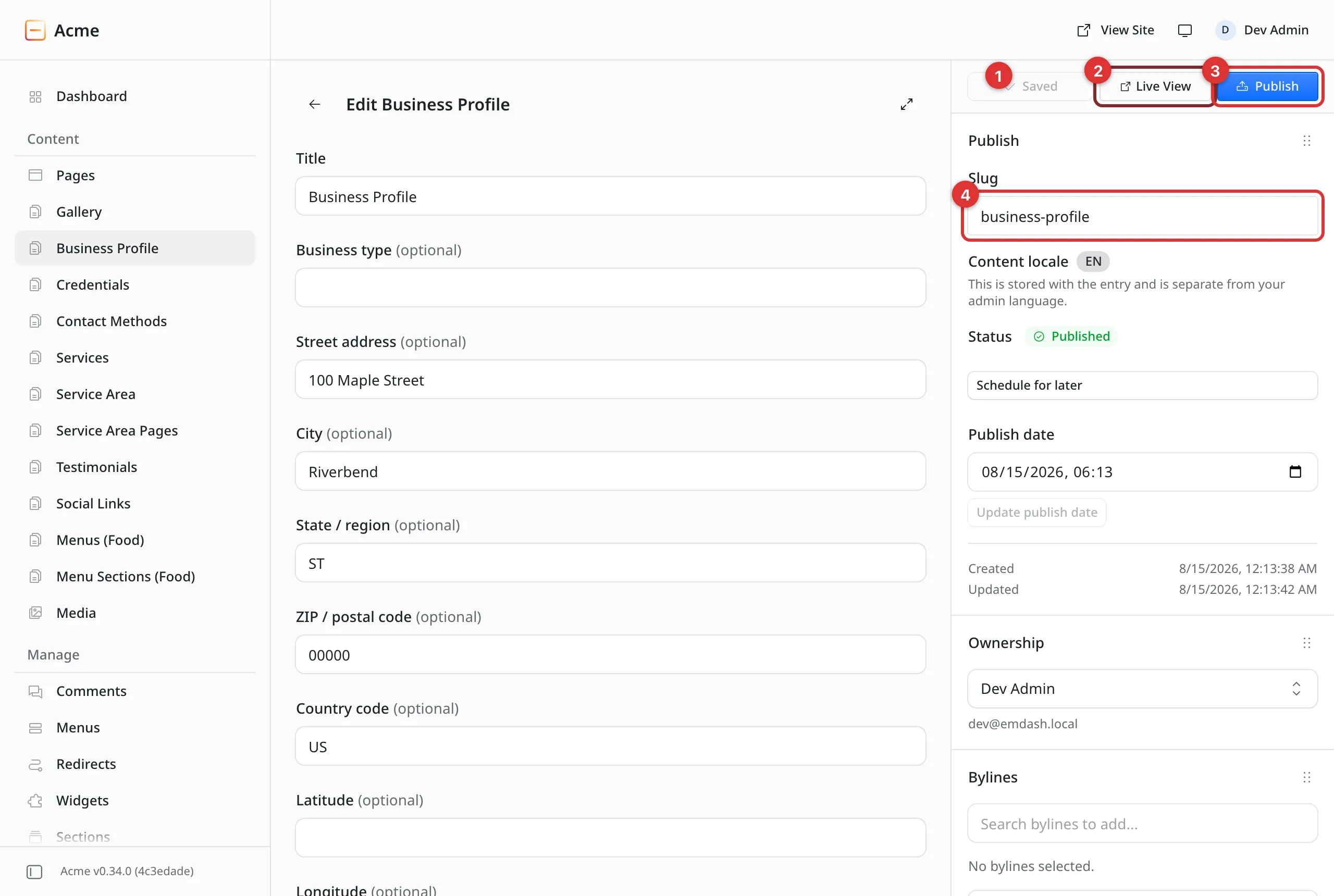 The Business Profile edit screen with four numbered markers: 1 on the Saved indicator, 2 on Live View, 3 on the Publish button, and 4 on the Slug field.