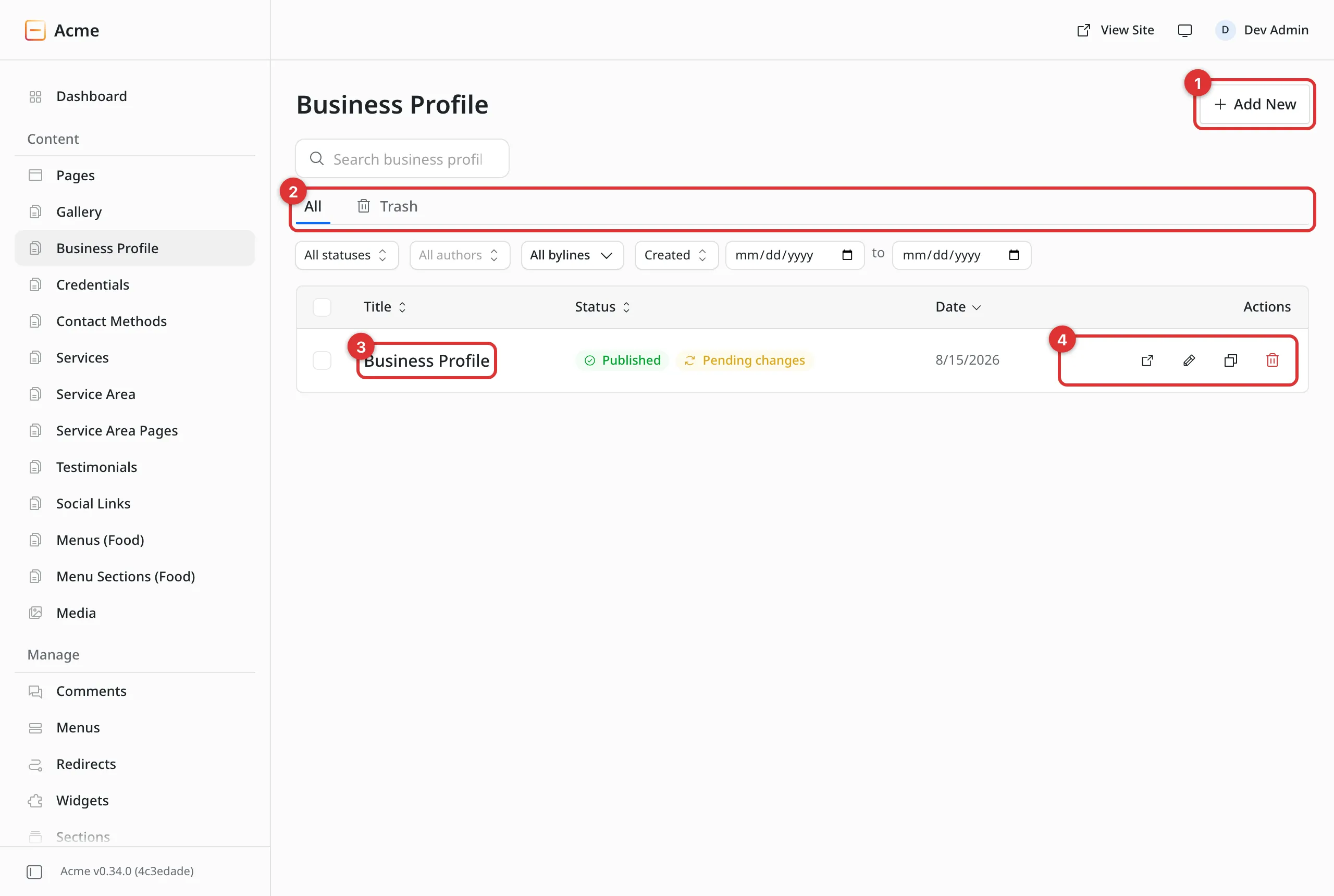 The Business Profile list with four numbered markers: 1 on Add New, 2 on the All and Trash tabs, 3 on the entry title, and 4 on the row of action icons.