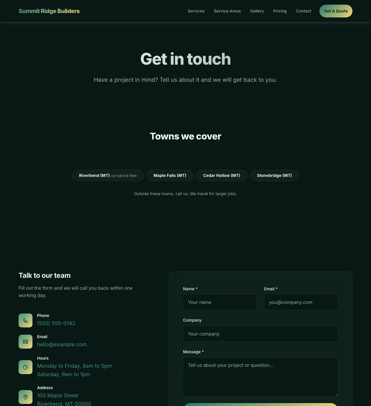 The sample Contact page in the Butter Lagoon palette, dark mode: the header, the Get in touch heading, the town buttons, and the form.