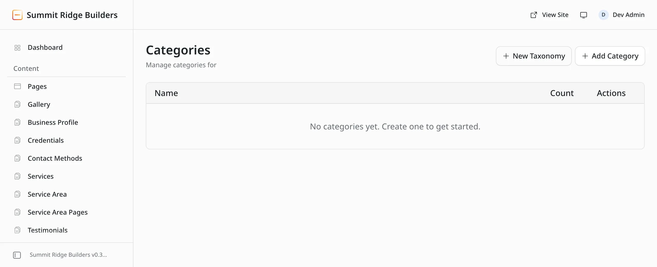 The Categories screen. The line under the heading reads Manage categories for, and stops there. The table is empty and reads No categories yet.