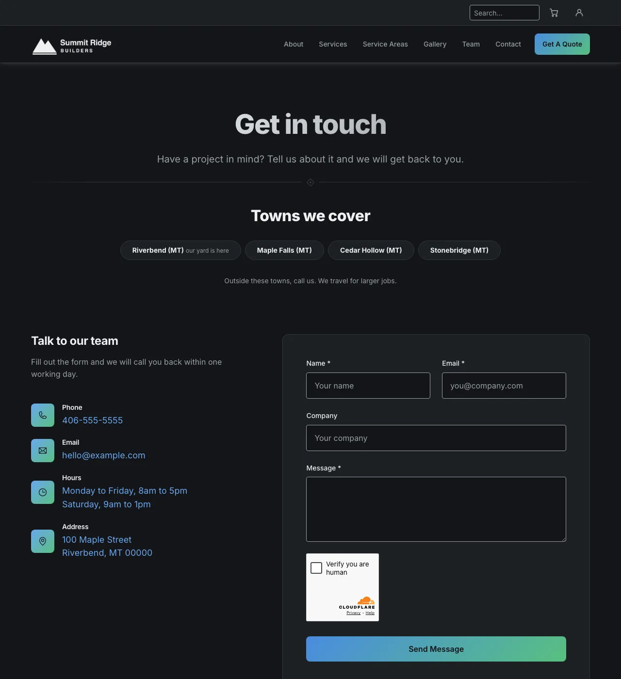 The sample Contact page in the Cedar Brook palette, dark mode: the header, the Get in touch heading, the town buttons, and the form.