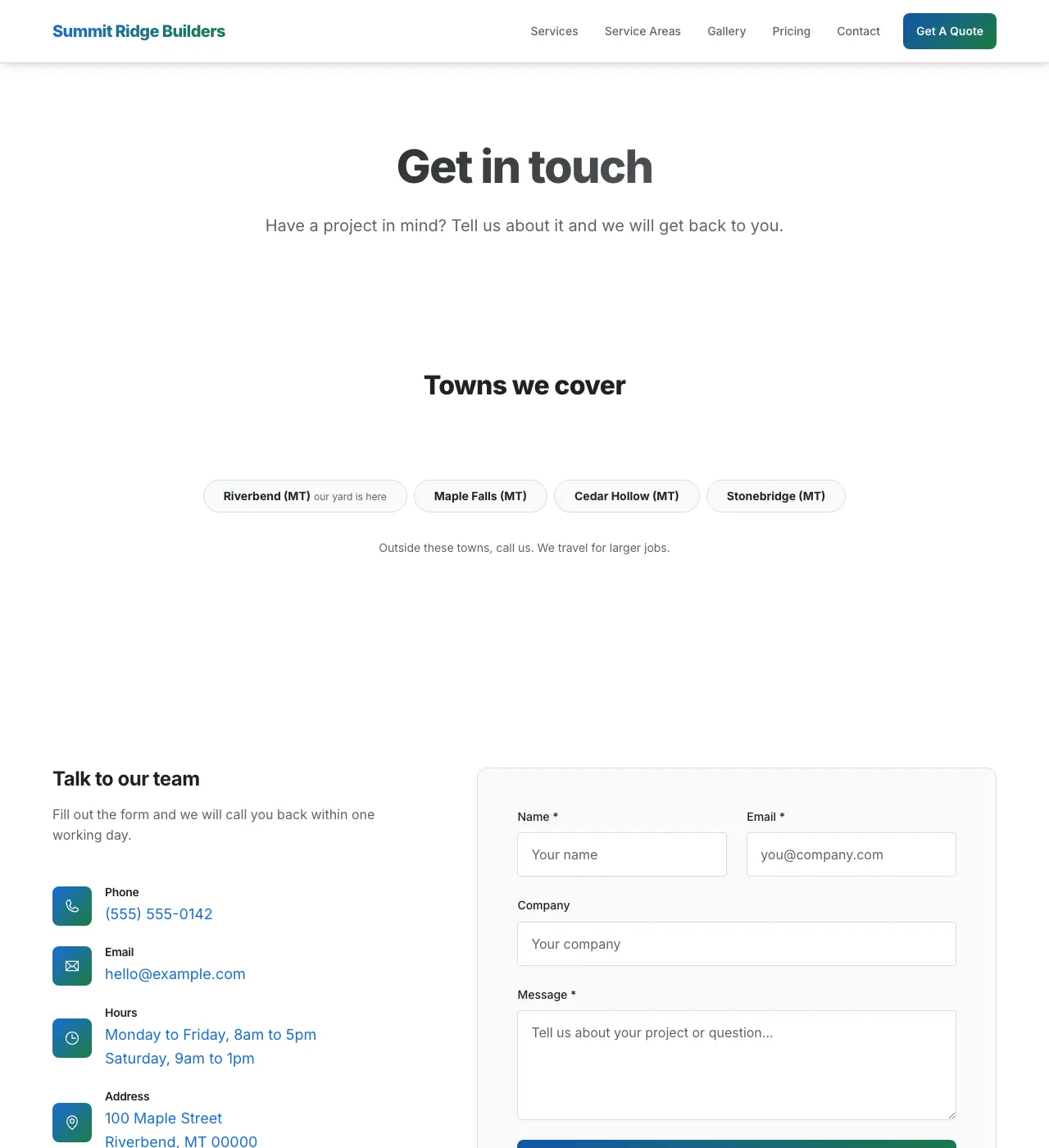 The sample Contact page in the Cedar Brook palette, light mode: the header, the Get in touch heading, the town buttons, and the form.