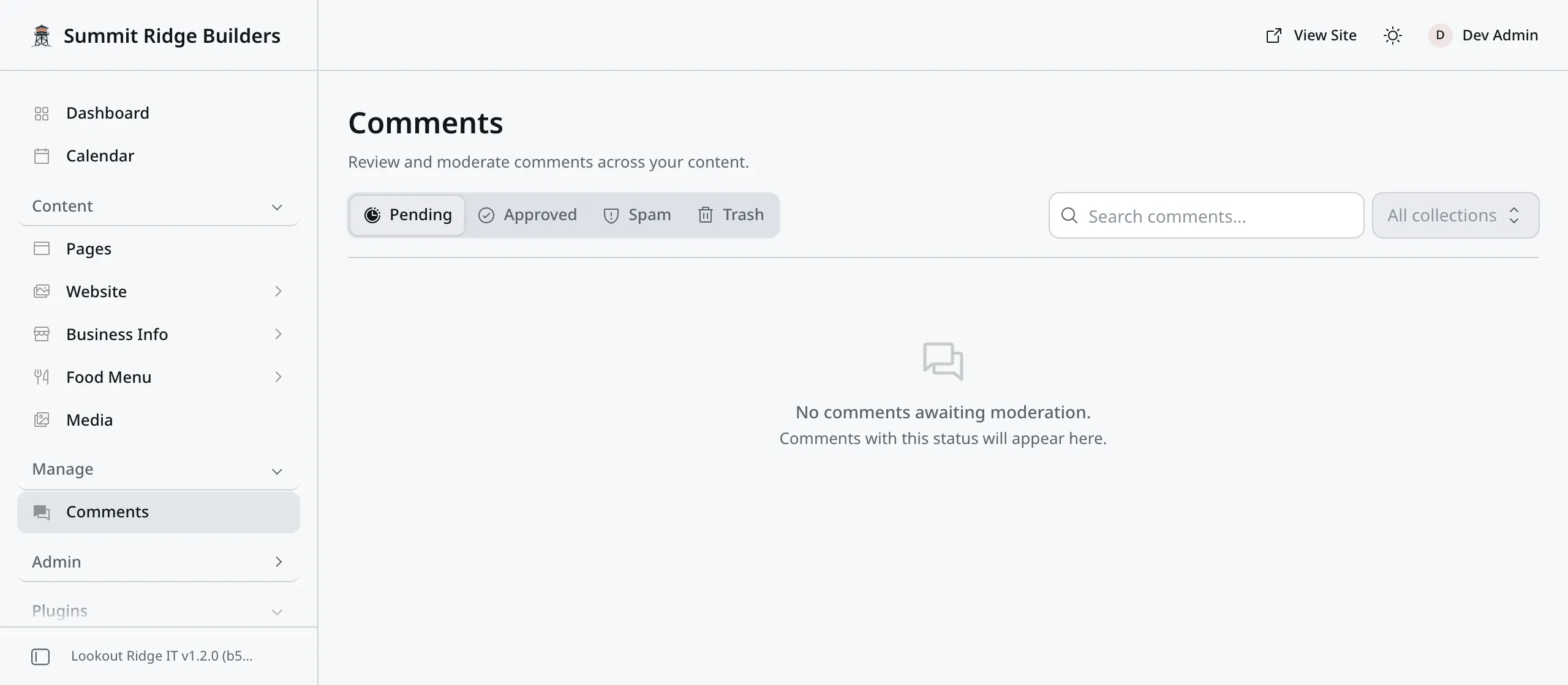 The Comments screen. Tabs read Pending, Approved, Spam and Trash. The table is empty and reads No comments awaiting moderation.