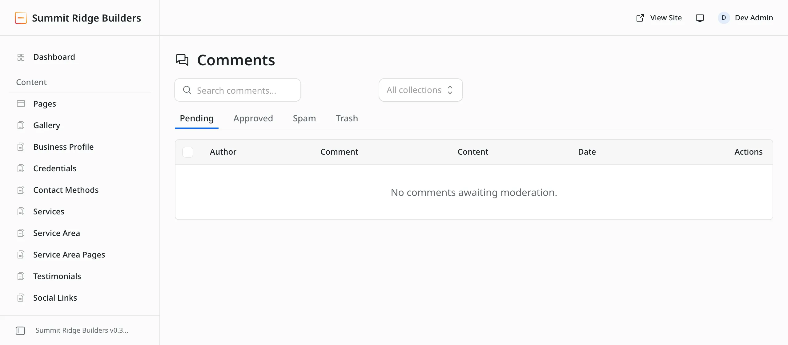The Comments screen. Tabs read Pending, Approved, Spam and Trash. The table is empty and reads No comments awaiting moderation.