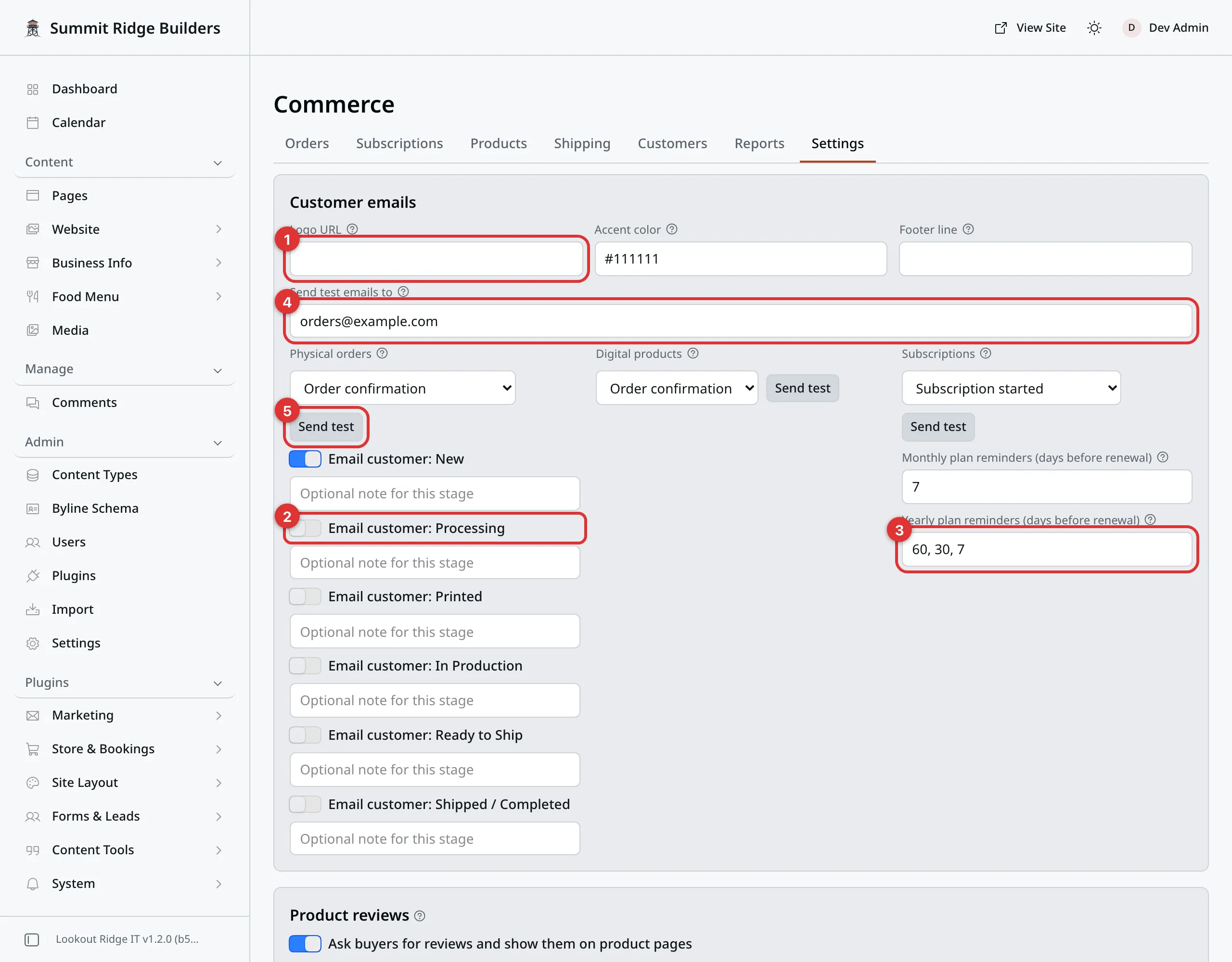 The Customer emails box on the Store tab of Commerce Settings. Five numbered marks: 1 on the Logo URL box, 2 on the Email customer: Processing switch, 3 on the yearly plan reminders box, 4 on the Send test emails to box, 5 on the first Send test button.
