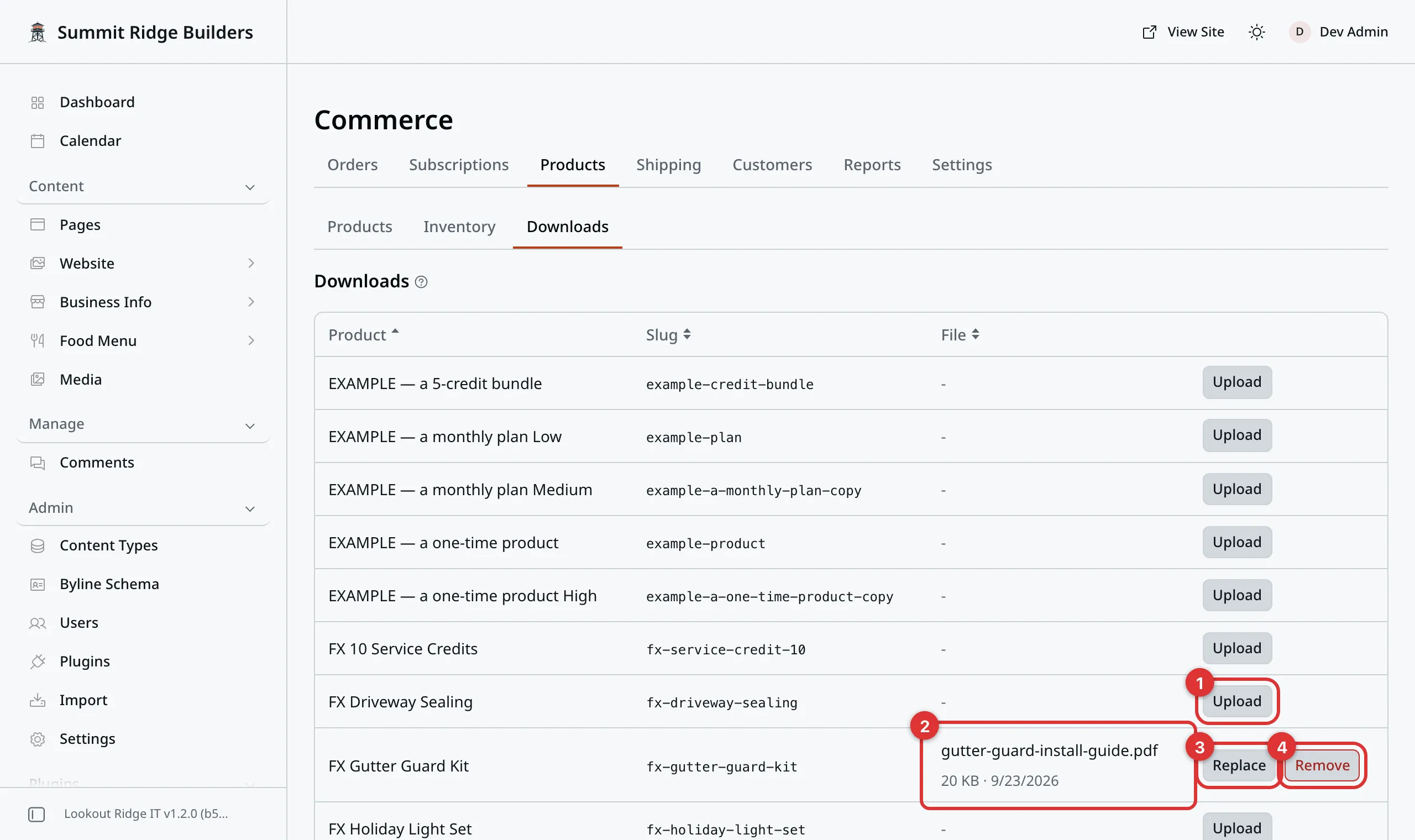 The Downloads tab, under Products in Commerce, listing products. Four numbered marks: 1 on the Upload button of a product with no file, 2 on the File column of a product that has one, showing its name, size and date, 3 on its Replace button, 4 on its Remove button.