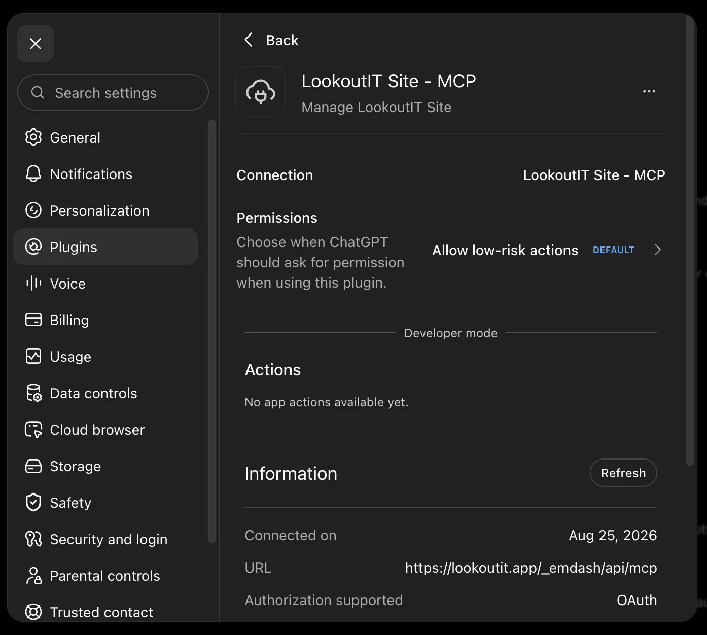A connected plugin page for a website. It shows the connection URL ending in mcp, Authorization supported reads OAuth, and Connected on shows a date.