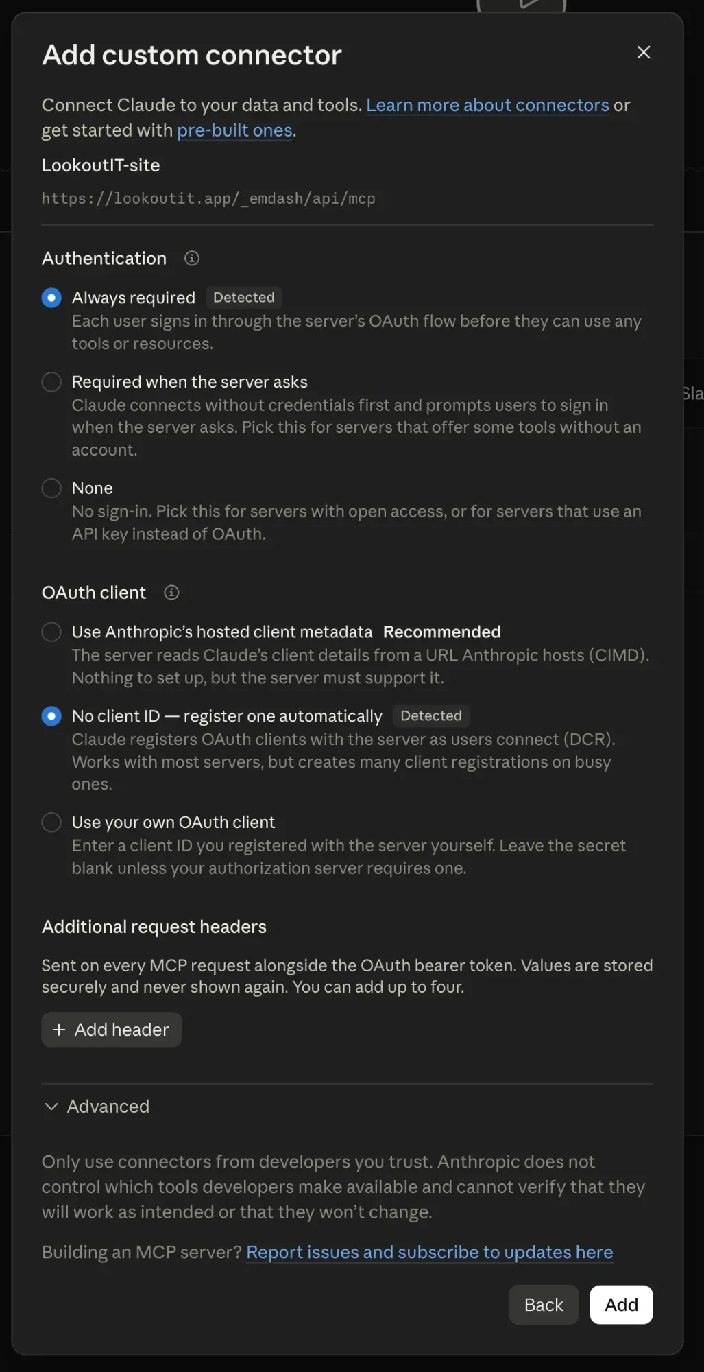 The Add custom connector box. A name and the AI address at the top, then a list of authentication choices. Two of the choices are marked Detected.