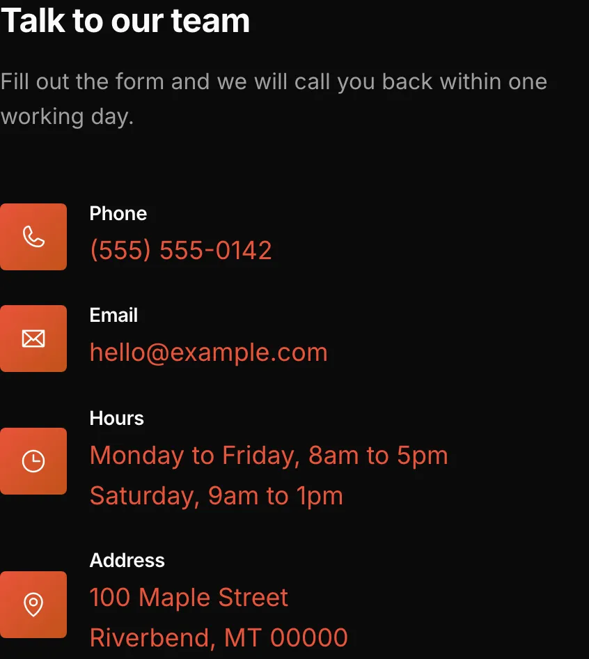 The contact column on the live site, with a heading, an intro line, and four rows: Phone, Email, Hours and Address.