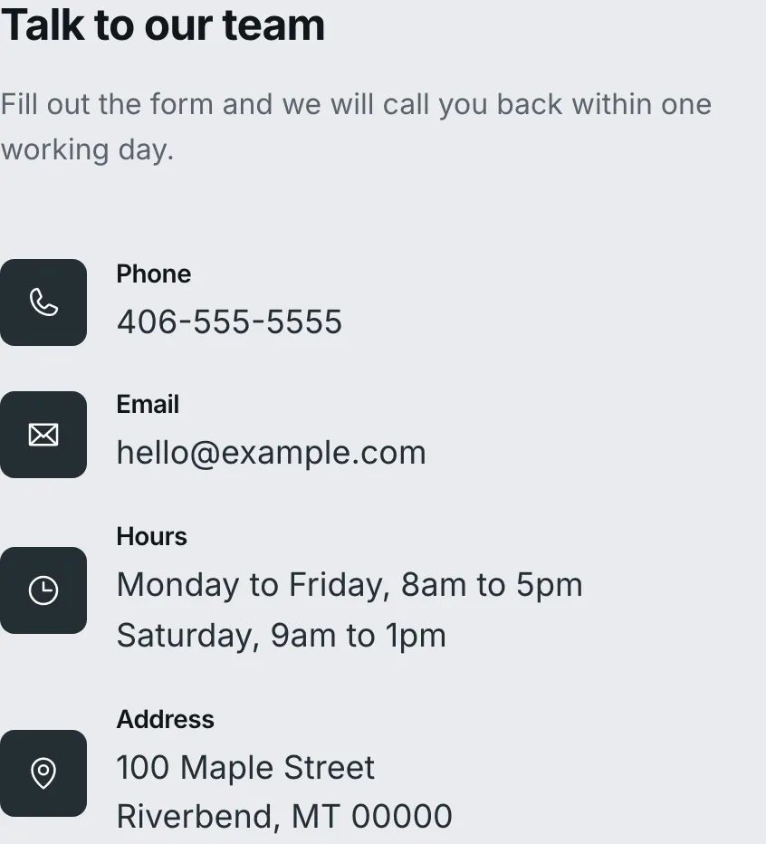 The contact column on the live site, with a heading, an intro line, and four rows: Phone, Email, Hours and Address.