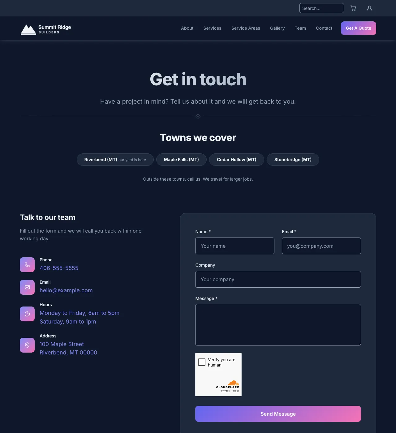 The sample Contact page in the Default palette, dark mode: the header, the Get in touch heading, the town buttons, and the form.