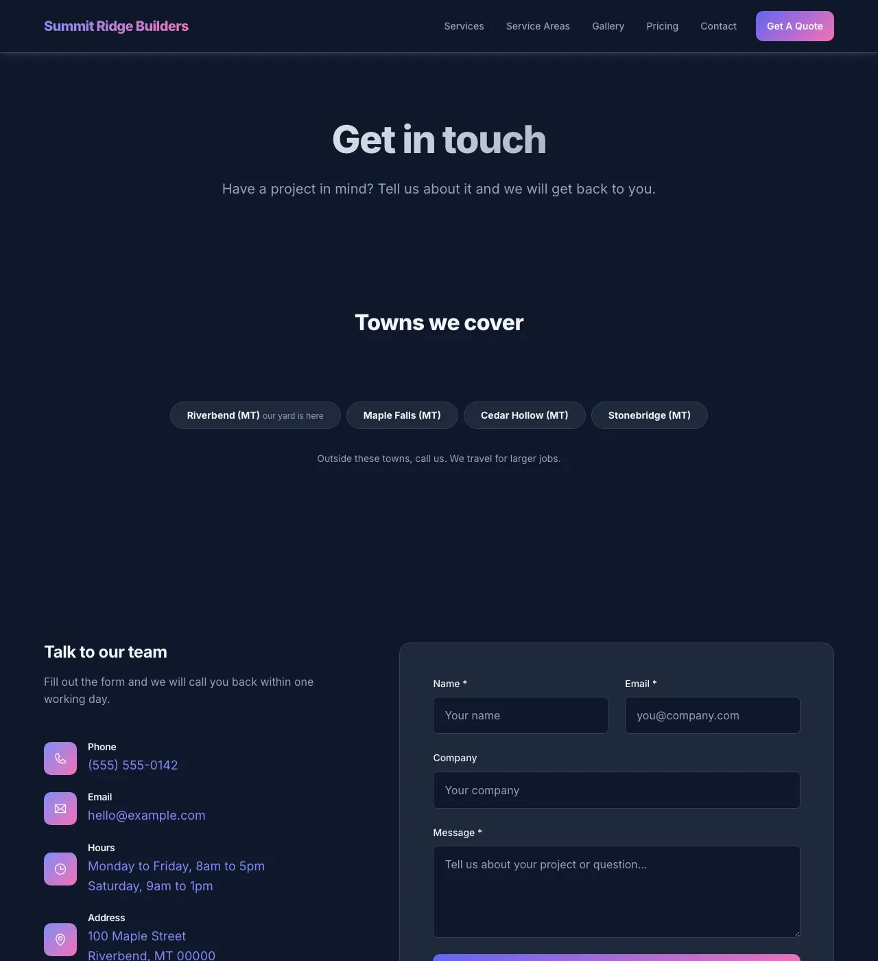The sample Contact page in the Default palette, dark mode: the header, the Get in touch heading, the town buttons, and the form.