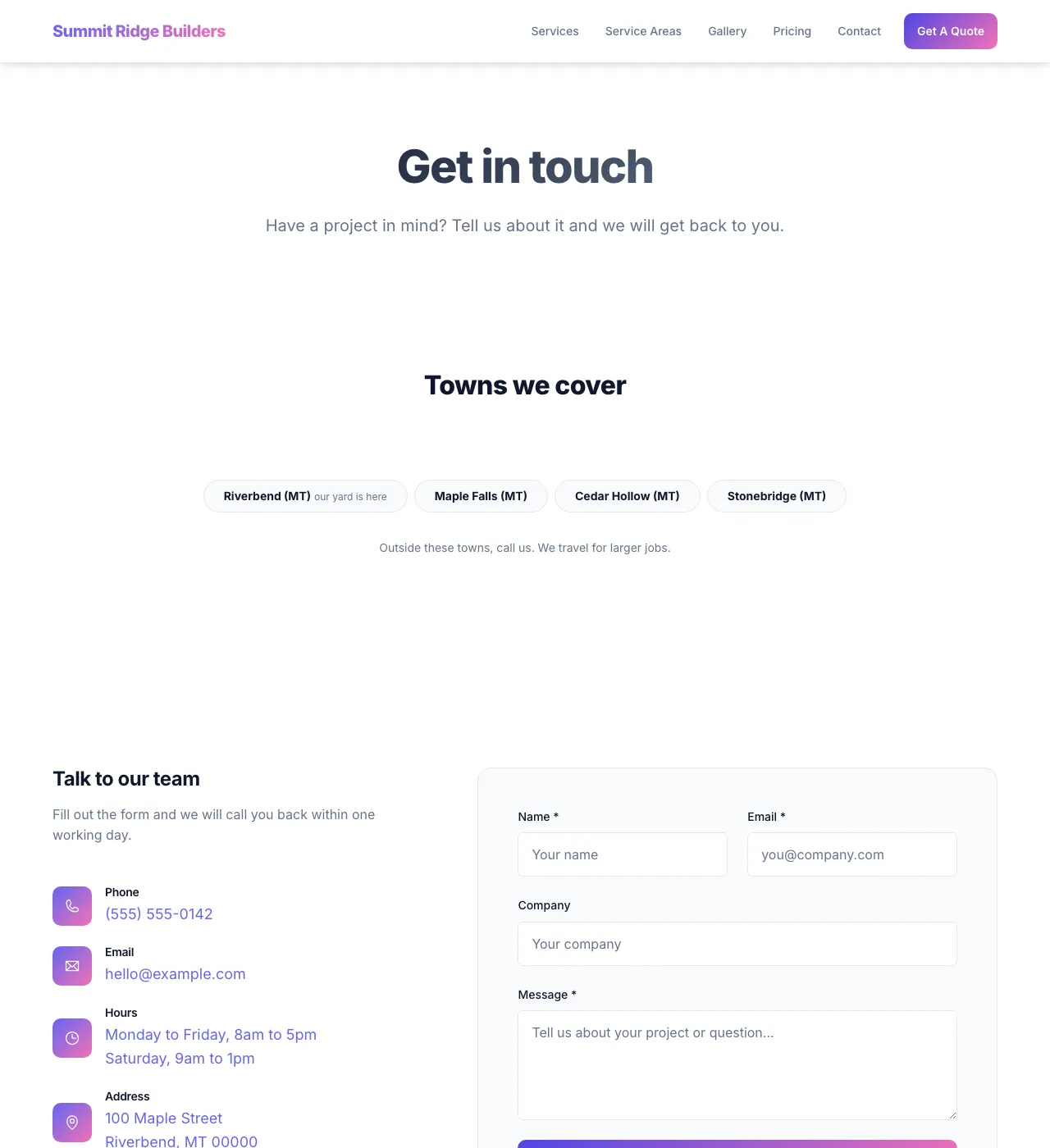 The sample Contact page in the Default palette, light mode: the header, the Get in touch heading, the town buttons, and the form.