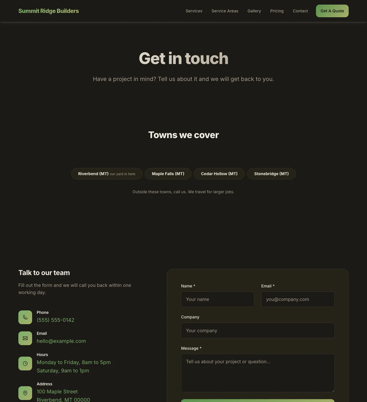 The sample Contact page in the Earth palette, dark mode: the header, the Get in touch heading, the town buttons, and the form.