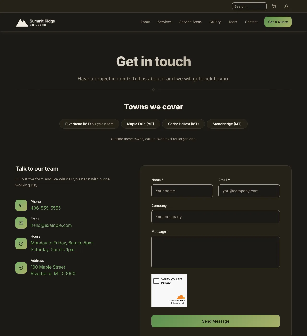 The sample Contact page in the Earth palette, dark mode: the header, the Get in touch heading, the town buttons, and the form.