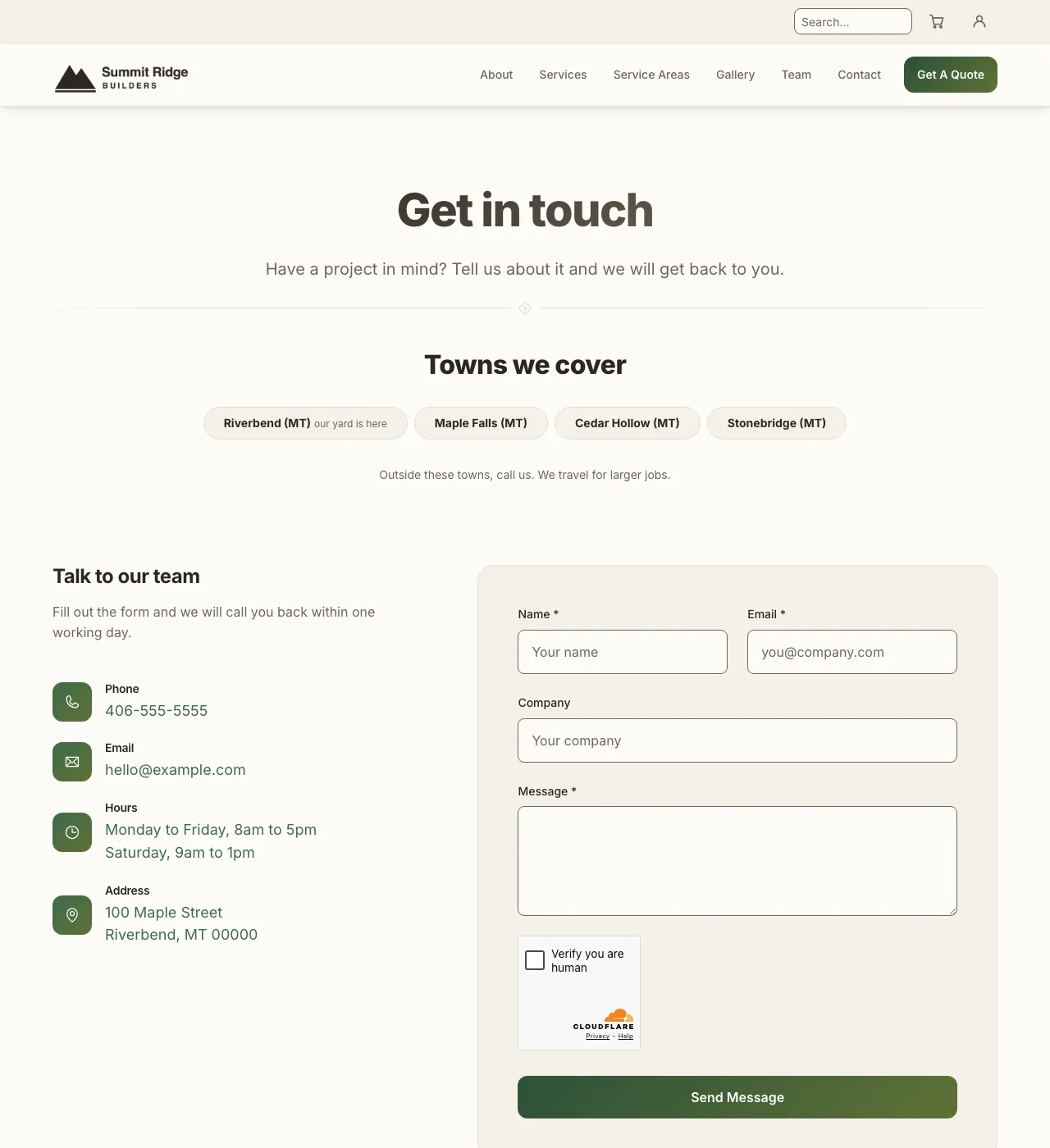 The sample Contact page in the Earth palette, light mode: the header, the Get in touch heading, the town buttons, and the form.