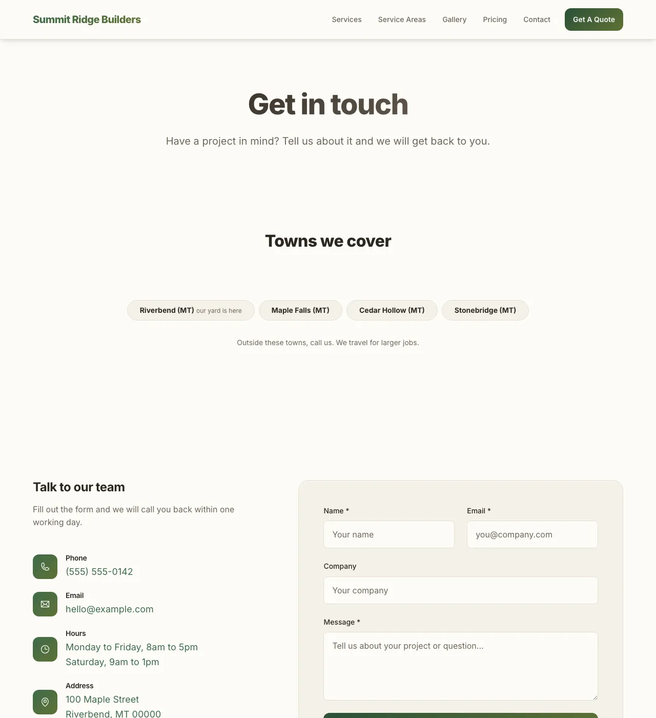 The sample Contact page in the Earth palette, light mode: the header, the Get in touch heading, the town buttons, and the form.