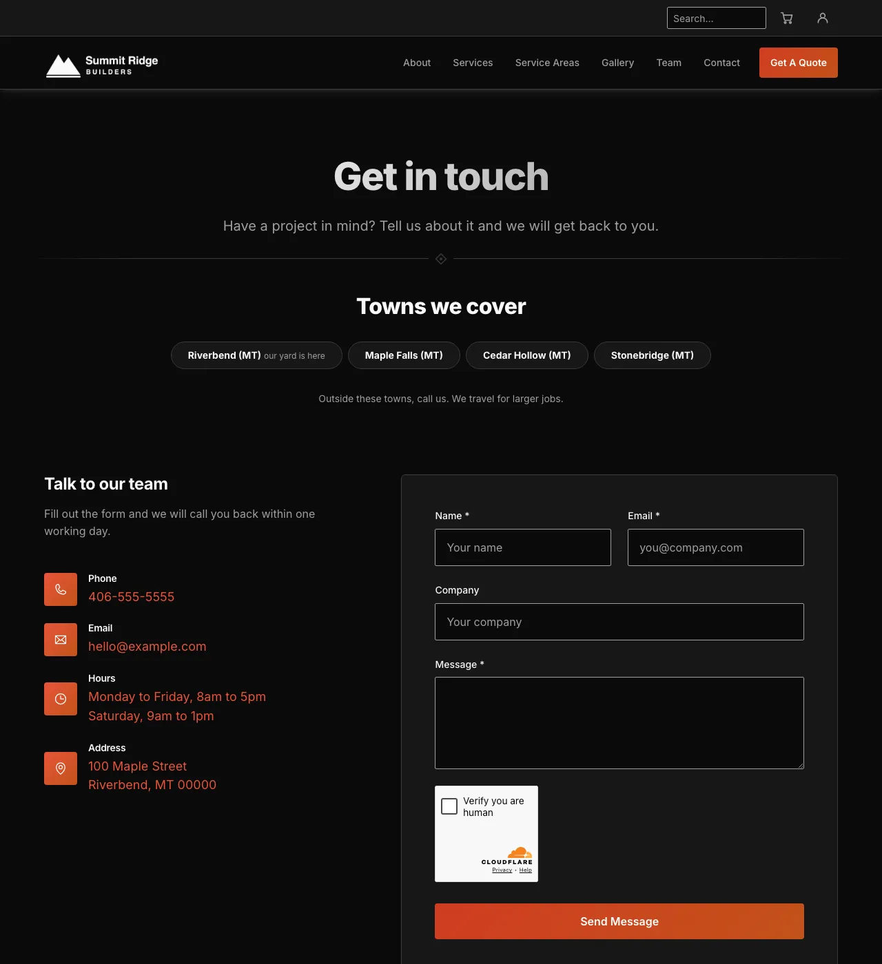 The sample Contact page in the Ember Trail palette, dark mode: the header, the Get in touch heading, the town buttons, and the form.