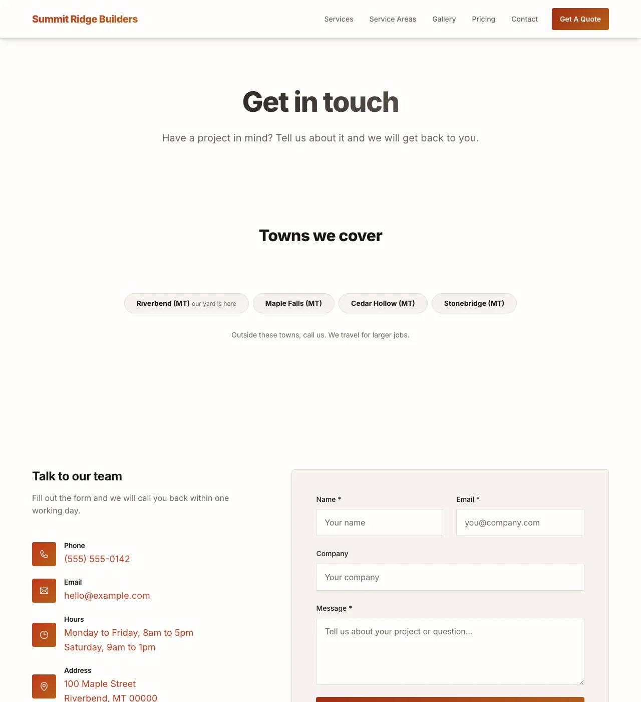 The sample Contact page in the Ember Trail palette, light mode: the header, the Get in touch heading, the town buttons, and the form.
