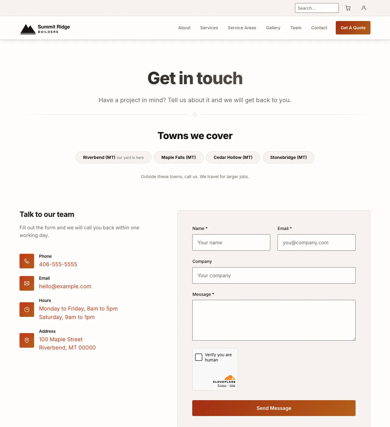 The sample Contact page in the Ember Trail palette, light mode: the header, the Get in touch heading, the town buttons, and the form.