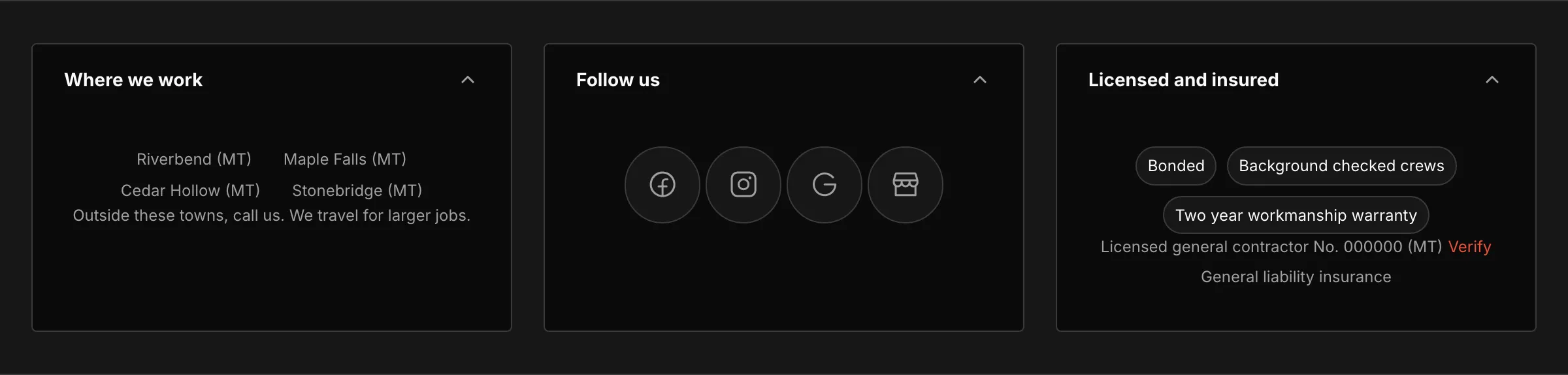 The footer of the live site, with three boxes side by side: Where we work, Follow us with four round icons, and Licensed and insured.