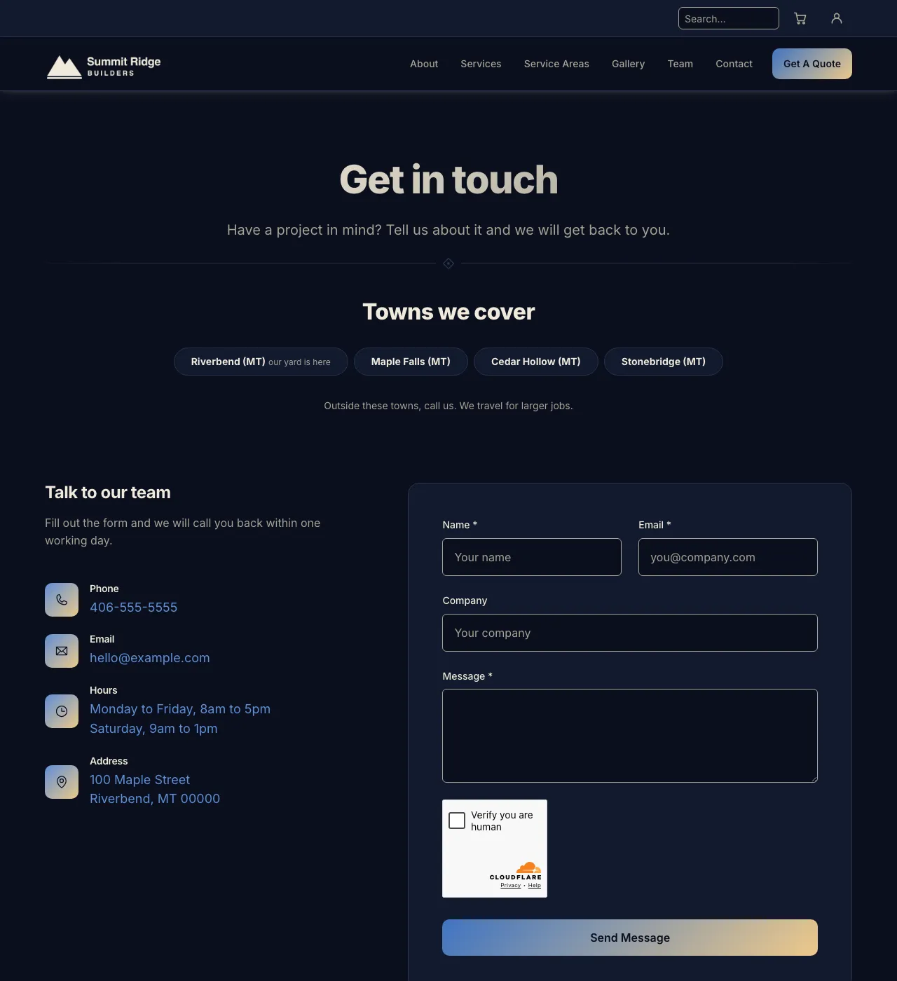 The sample Contact page in the Harbor Dawn palette, dark mode: the header, the Get in touch heading, the town buttons, and the form.