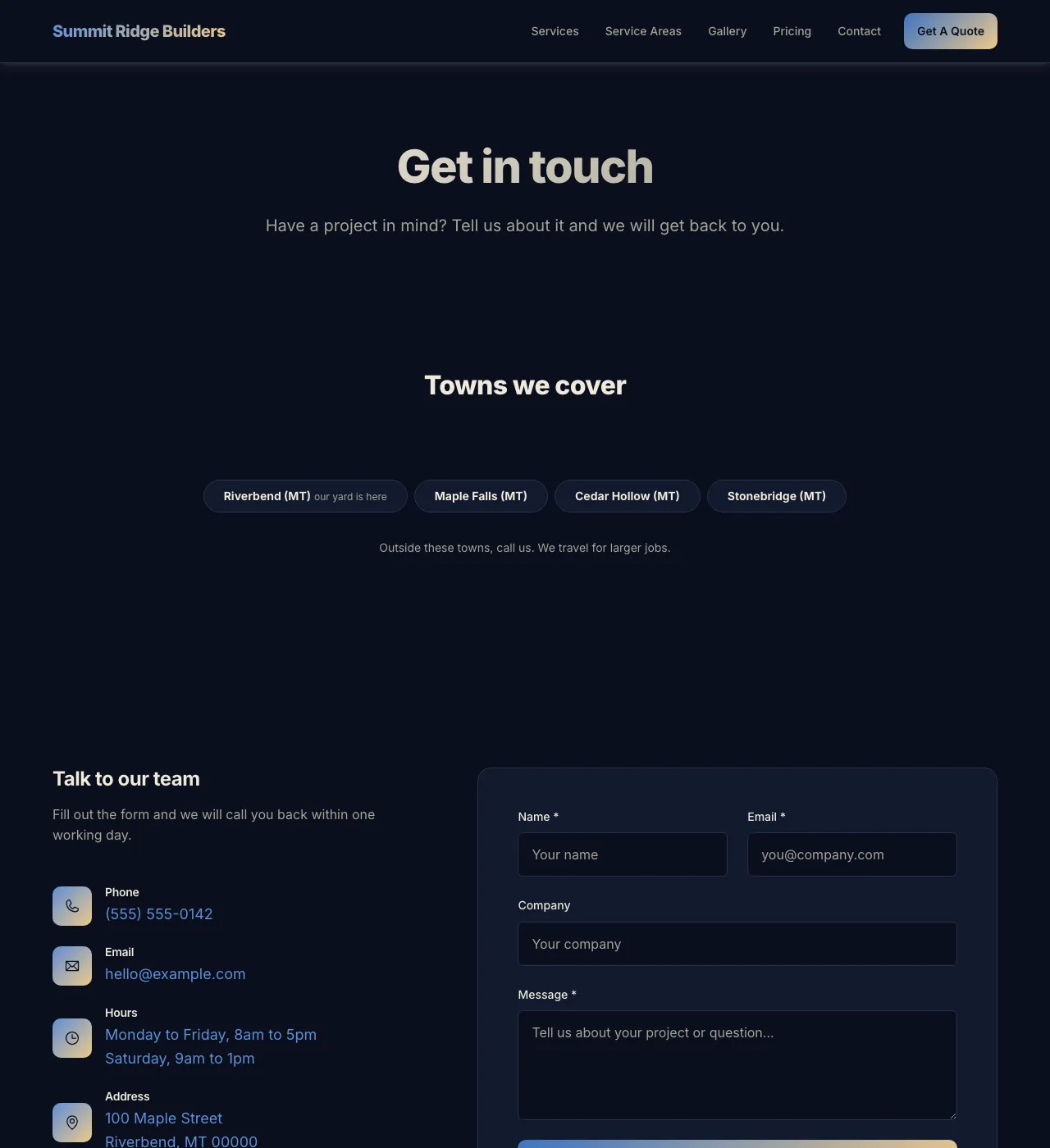 The sample Contact page in the Harbor Dawn palette, dark mode: the header, the Get in touch heading, the town buttons, and the form.