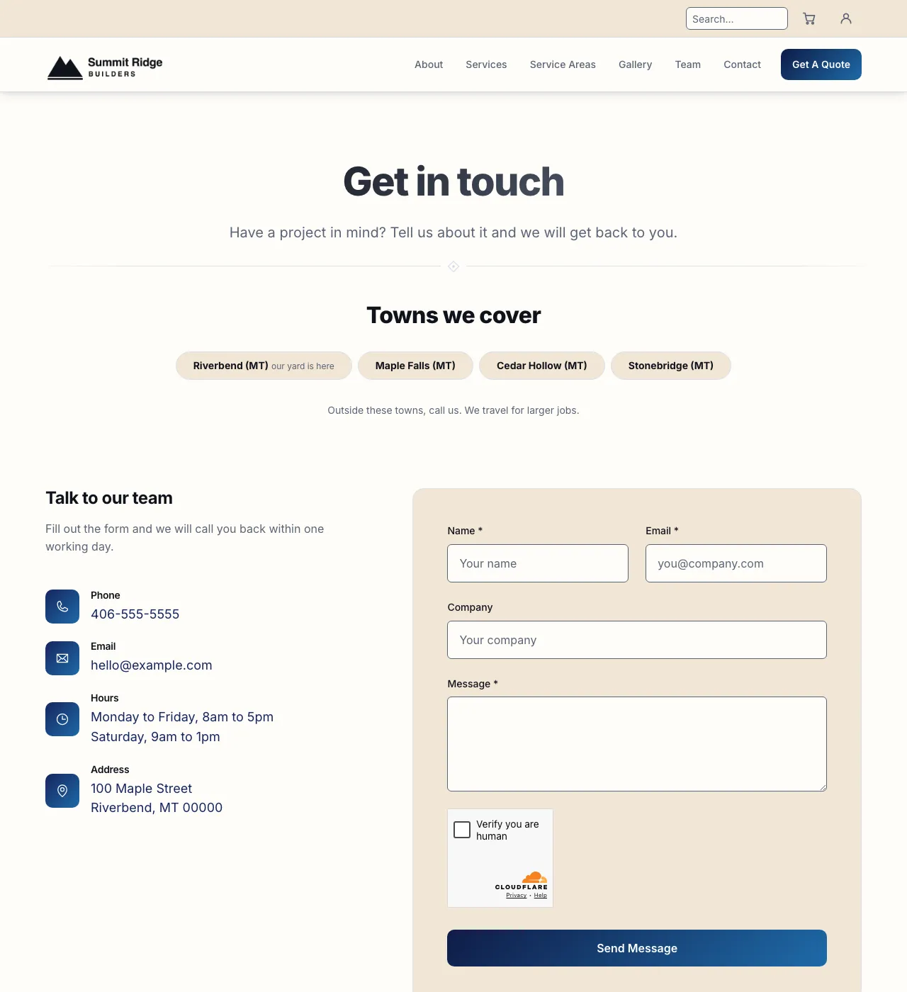 The sample Contact page in the Harbor Dawn palette, light mode: the header, the Get in touch heading, the town buttons, and the form.