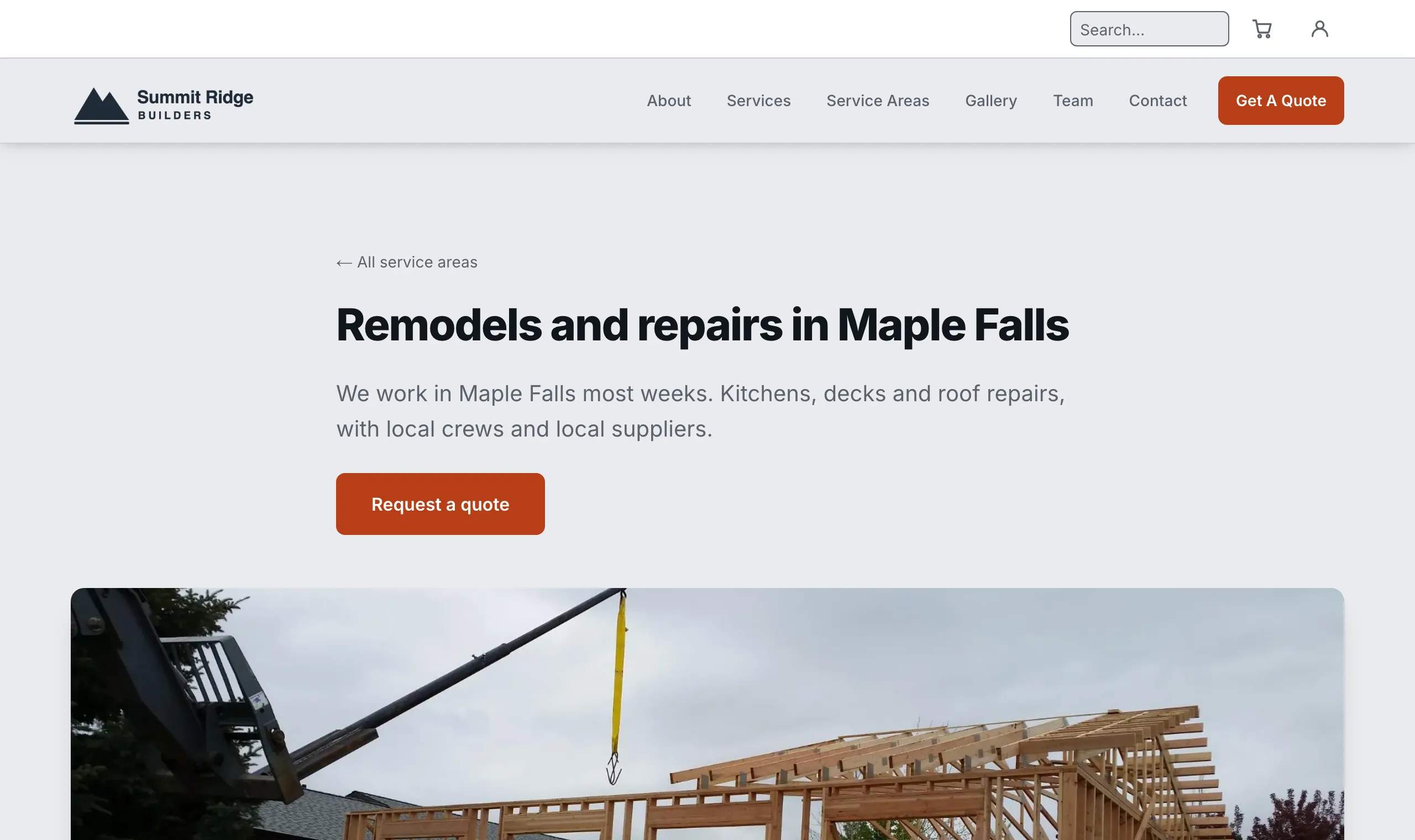 The live Maple Falls page, with its heading, its intro, a Request a quote button and a photo below.