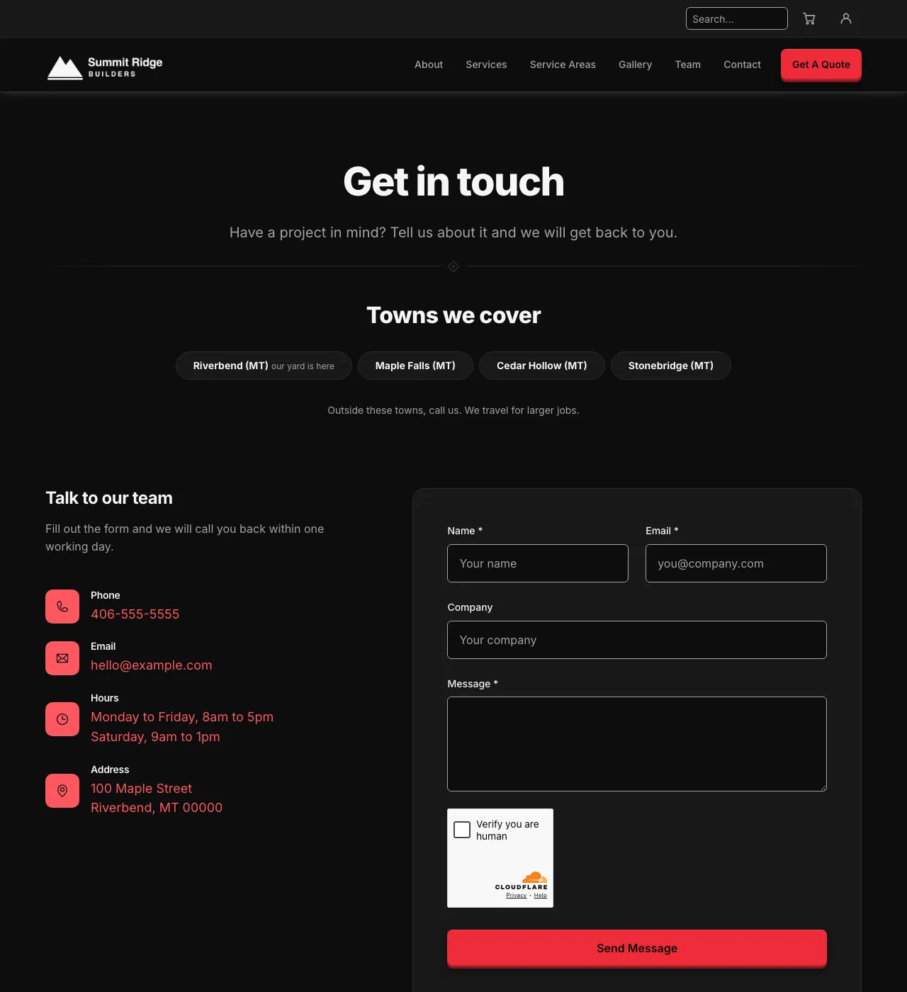 The sample Contact page in the Marquee Red palette, dark mode: the header, the Get in touch heading, the town buttons, and the form.