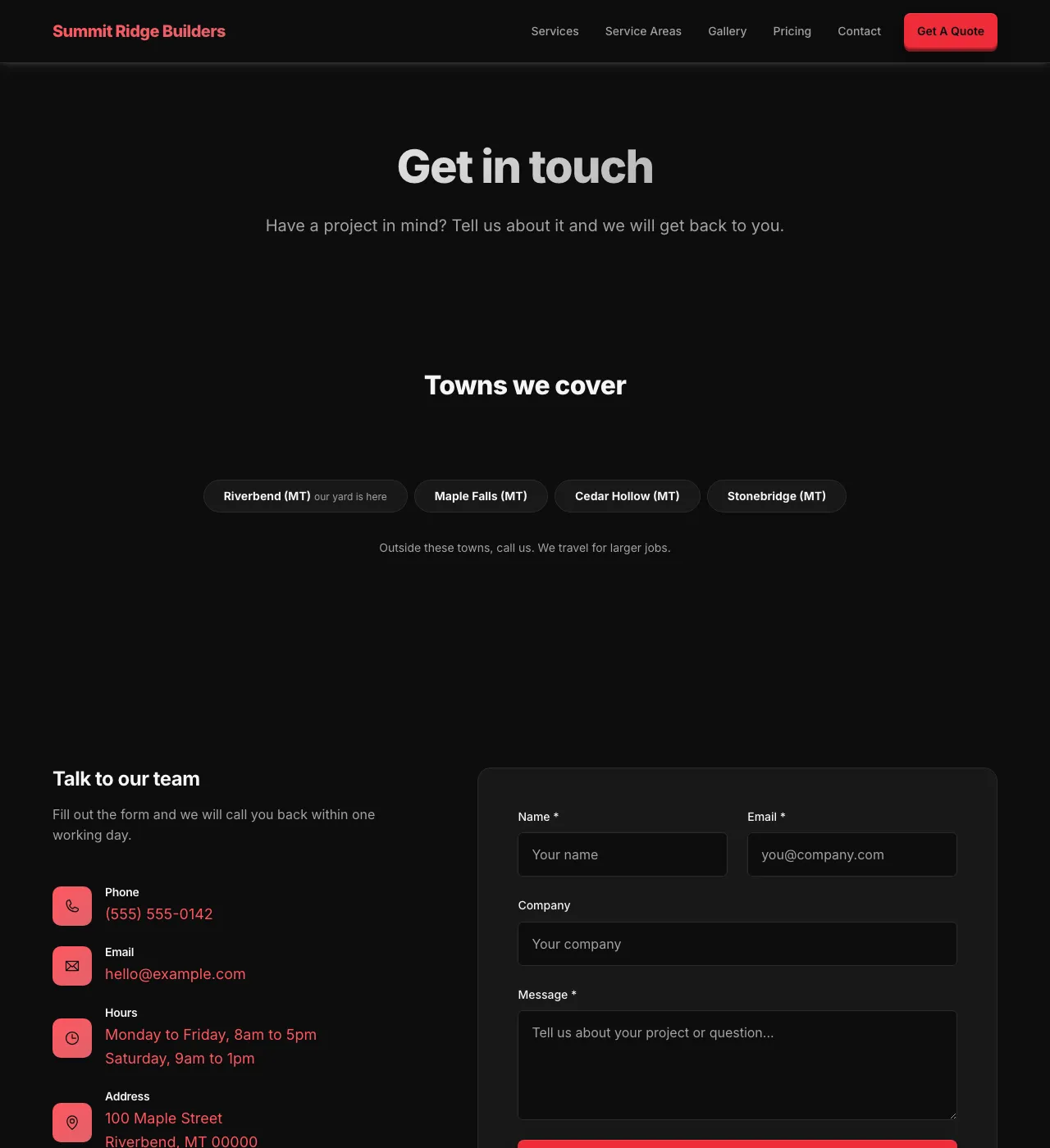 The sample Contact page in the Marquee Red palette, dark mode: the header, the Get in touch heading, the town buttons, and the form.