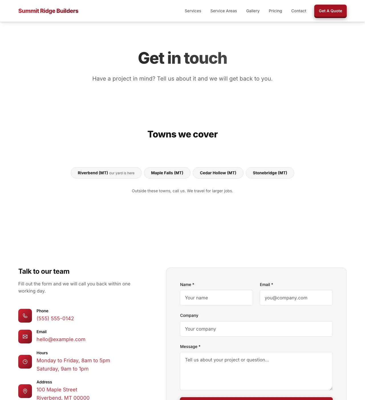 The sample Contact page in the Marquee Red palette, light mode: the header, the Get in touch heading, the town buttons, and the form.