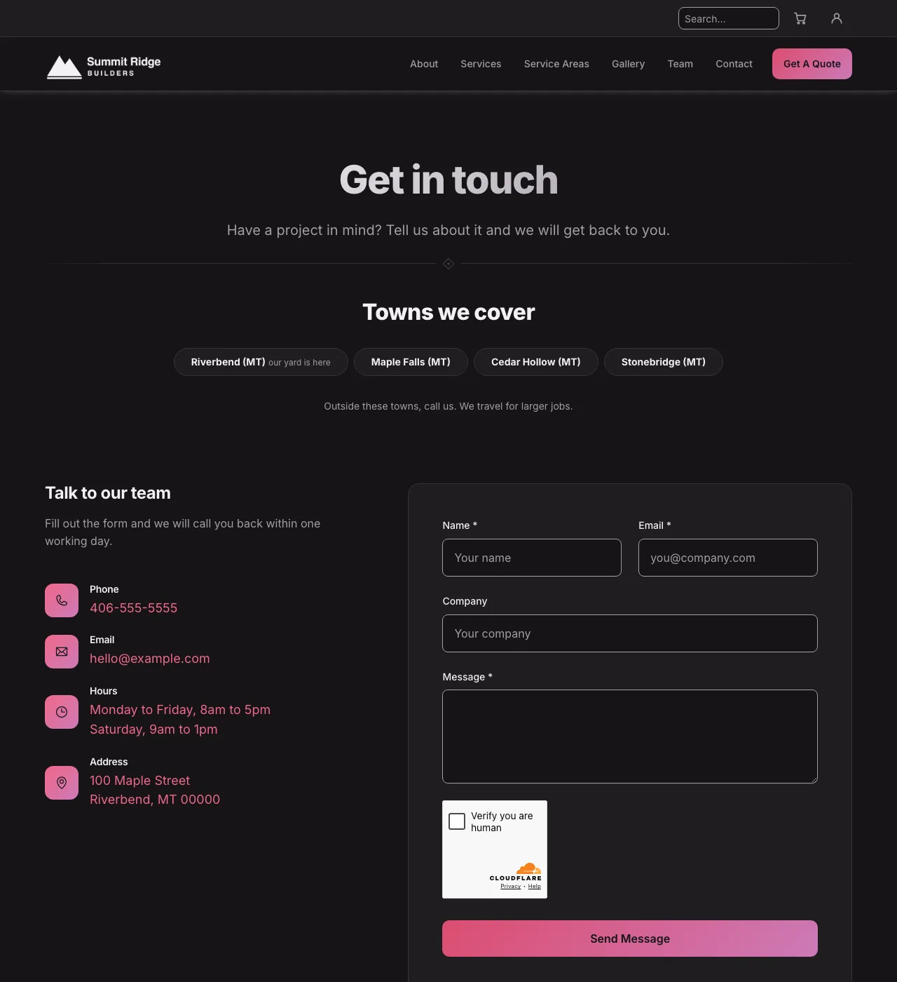 The sample Contact page in the Meadow Pass palette, dark mode: the header, the Get in touch heading, the town buttons, and the form.