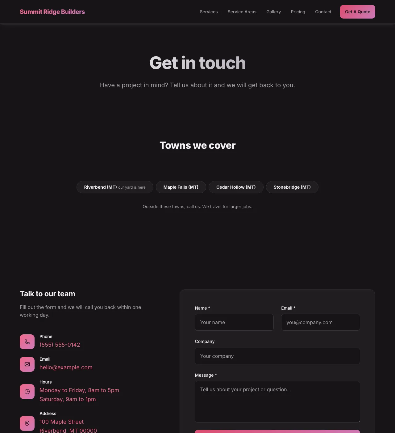 The sample Contact page in the Meadow Pass palette, dark mode: the header, the Get in touch heading, the town buttons, and the form.