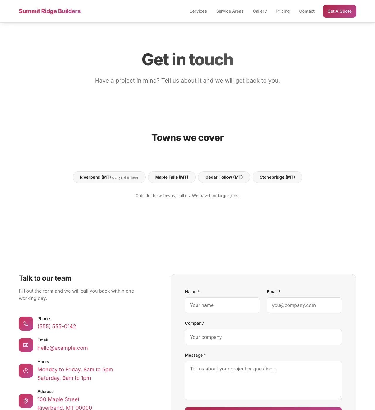 The sample Contact page in the Meadow Pass palette, light mode: the header, the Get in touch heading, the town buttons, and the form.