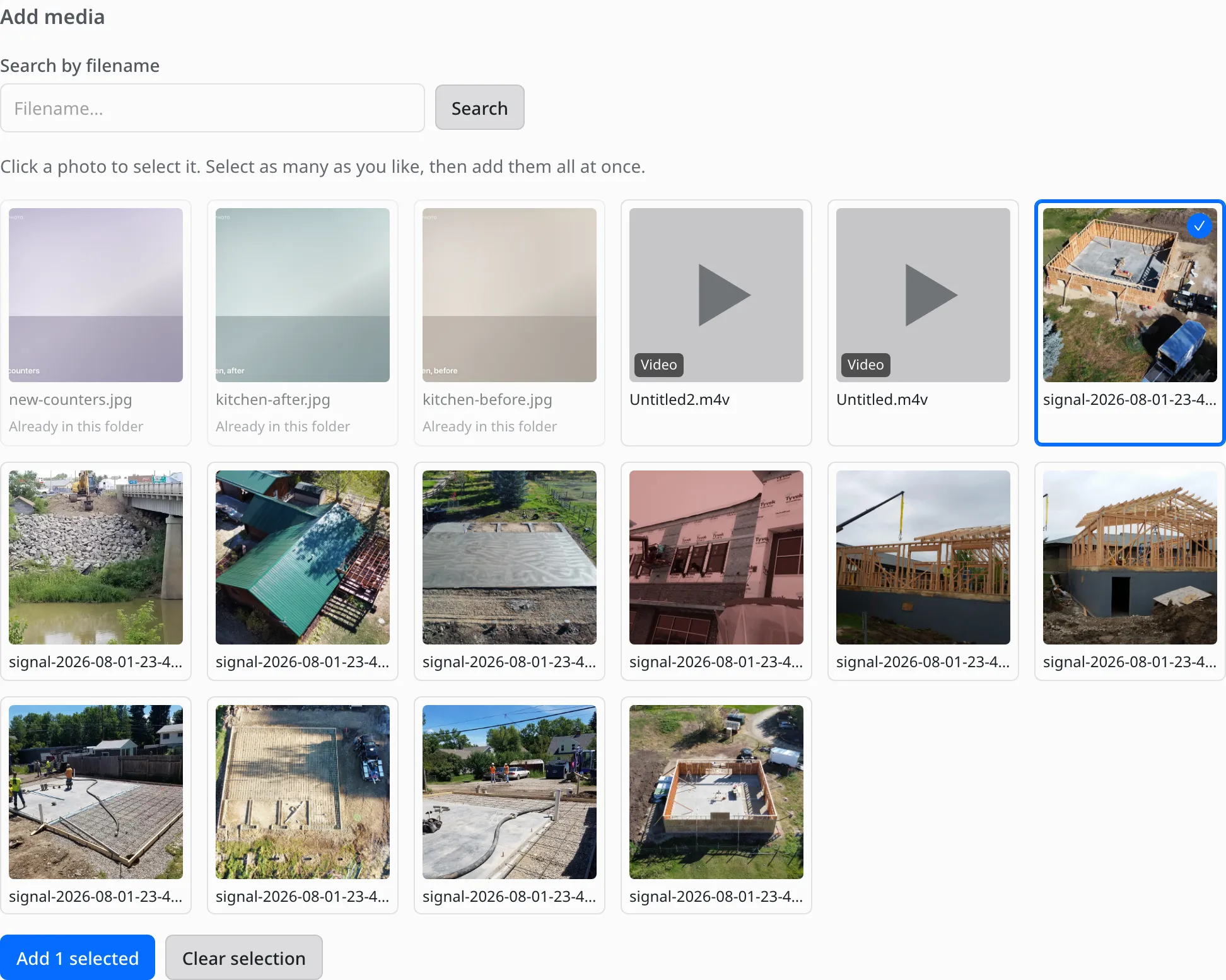 The Add media part of the screen: a search box, a grid of photos with one checked, and a blue Add 1 selected button.